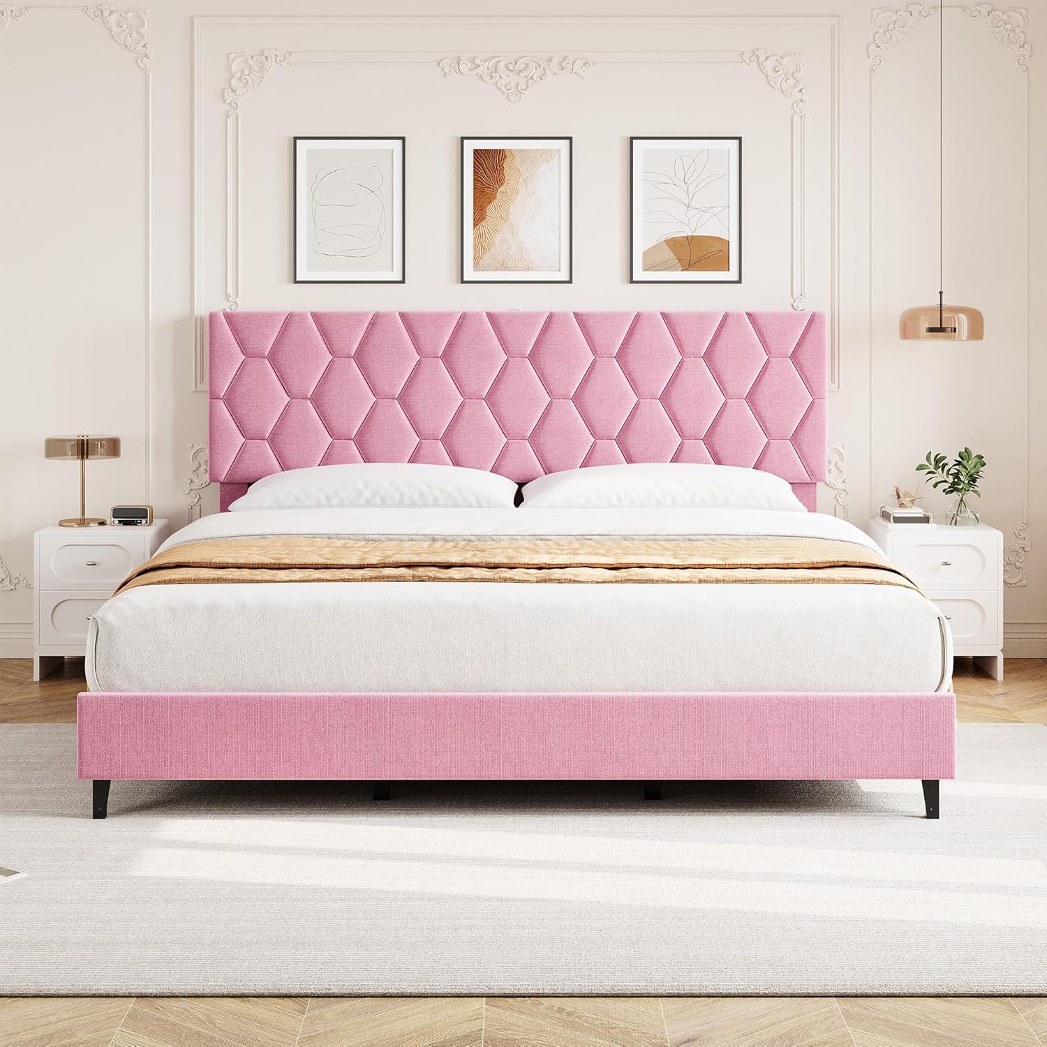 GAOMON Pink King Bed Frame with Upholstered Headboard, Heavy-Duty Platform Bed Frame with Strong Wood Slats, No Box Spring Needed/Noise Free/Easy Assembly