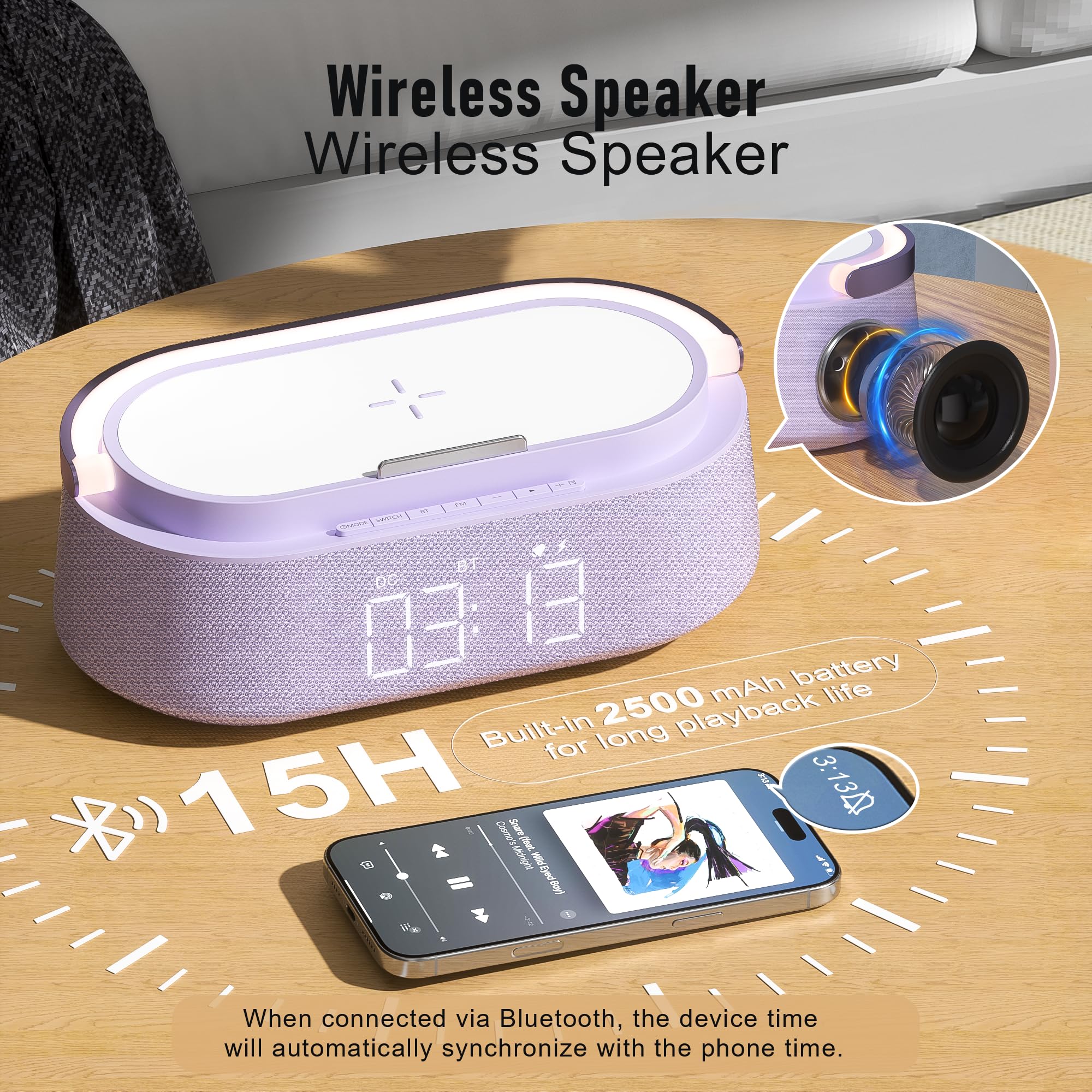 FREEFISH 6-in-1 Multifunktionaler Wecker mit Bluetooth-Lautsprecher, kabellosem Ladegerät, Nachtlicht und Telefonhalter