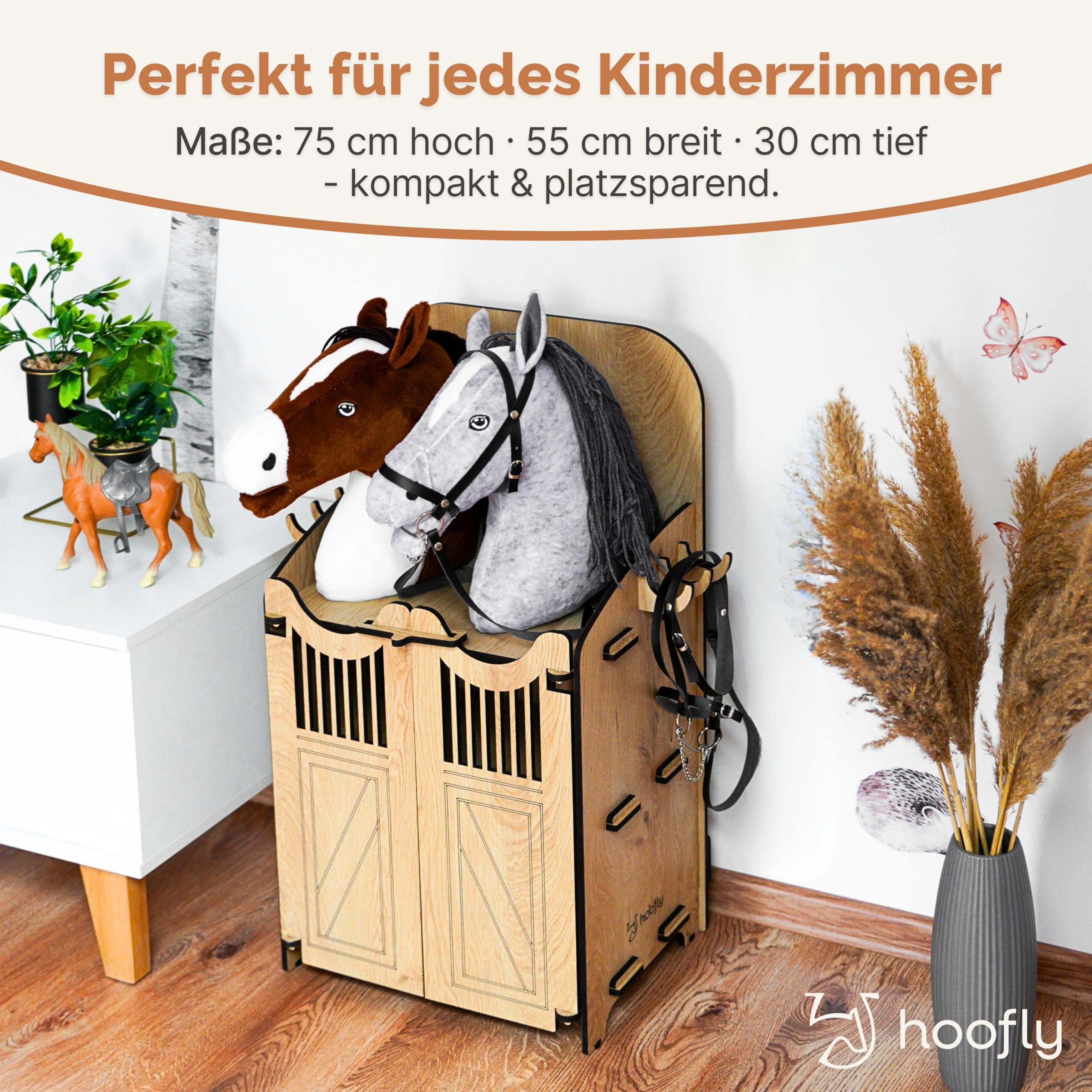 Hobby Horse Stall 2 Pferde – Praktische Halterung für Steckenpferde | Hochwertiger Hobby Horsing Pferdestall Holz mit Türen, Haken & Stecksystem | Designed in Germany – Stabil & Nachhaltig