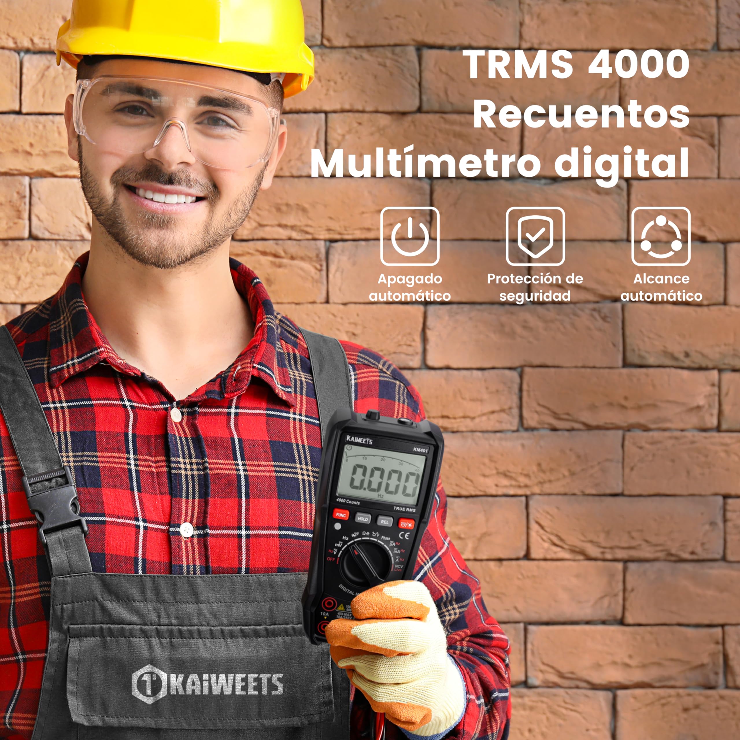 KAIWEETS Multímetro digital KM401, Polimetro Auto-Range T-RMS con 4000 cuentas, Amperímetro mide voltaje, corriente, resistencia, continuidad, frecuencia