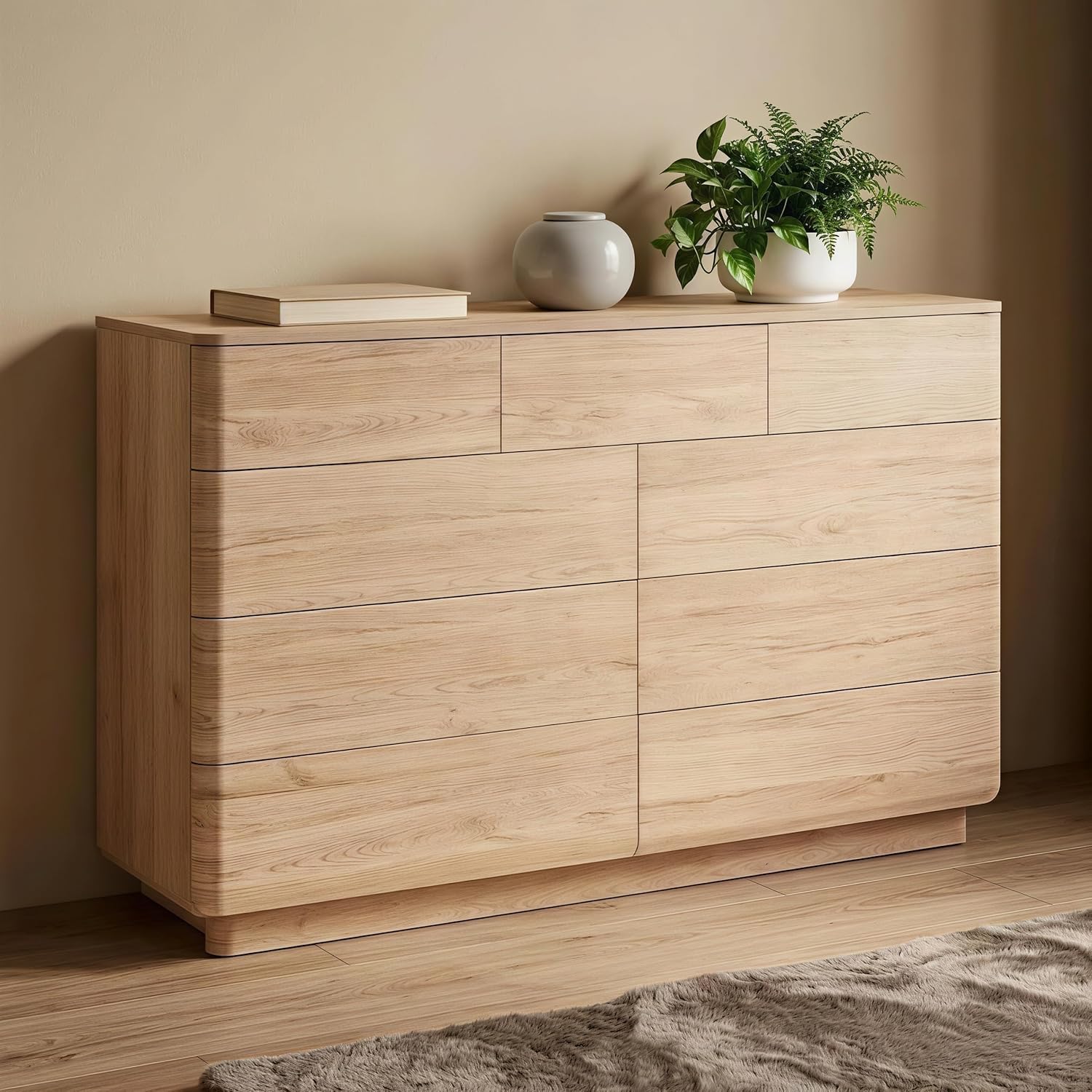 JXQTLINGMU 6 Drawer Dresser for Bedroom, 52" Wide Modern Wood Dressers with Push-to-Open Drawers for Closet Storage, Chest of Drawers TV Stand for Living Room & Hallway, Curved Profile, Walnut