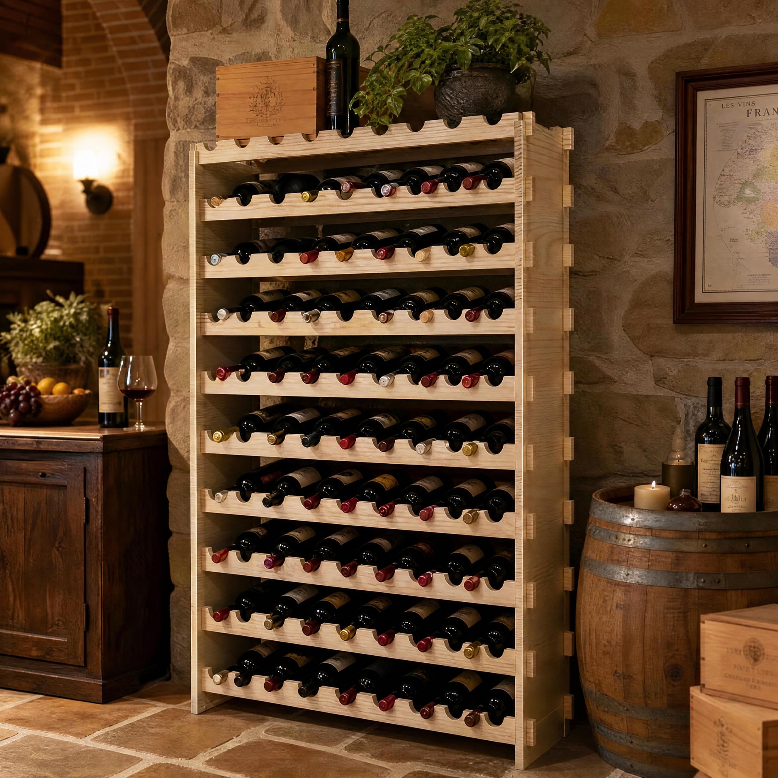 GarveeTech Weinflaschenregal 36 Flaschenständer Stapelbares Weinregal aus Kiefernholz, stabile Zapfenverbindung, Natur‑Optik, platzsparend für Küche, Wohnzimmer, Bar