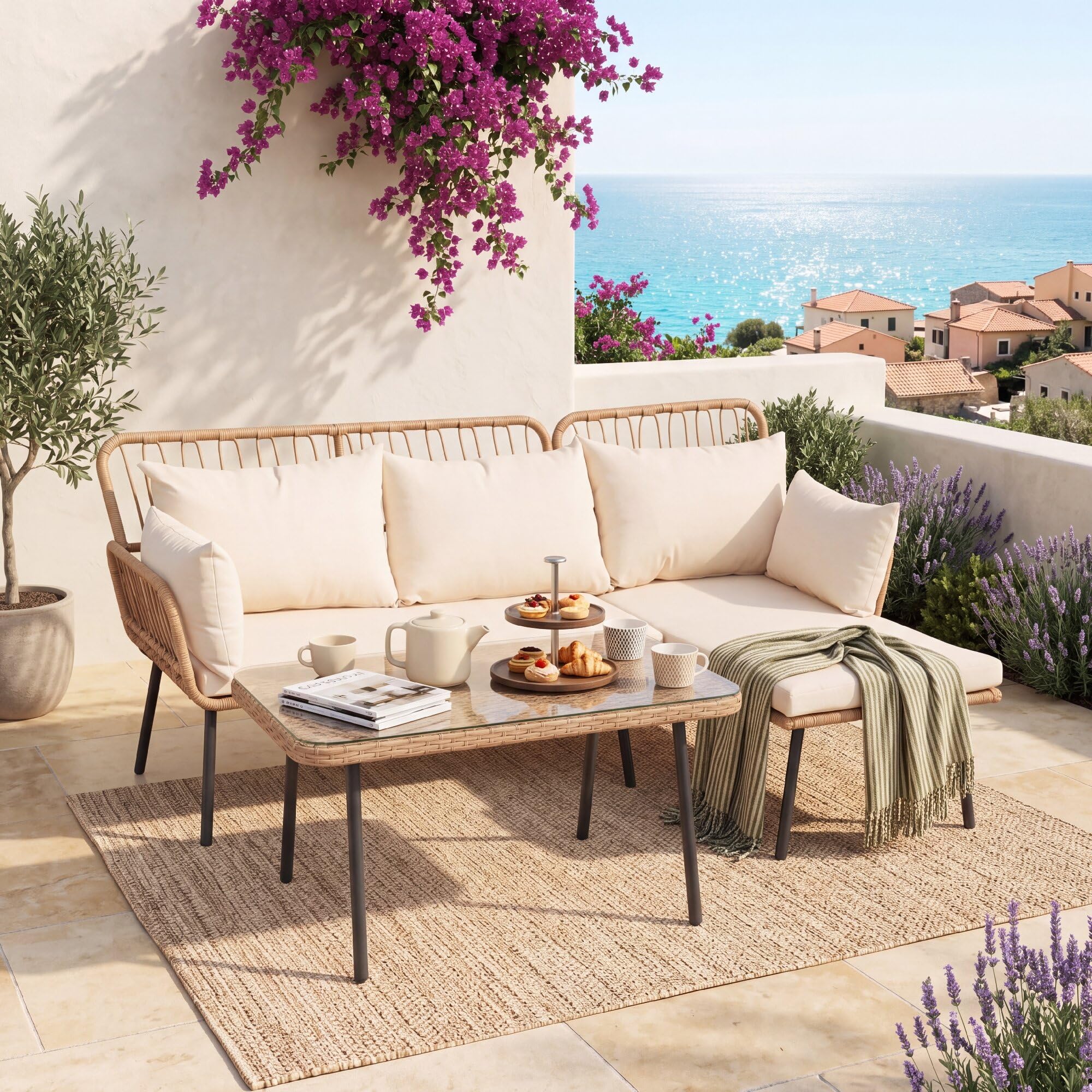 GIANTEX Conjunto de Jardín de Ratán 3 Piezas con Sofá Esquinero | Muebles de Exterior con Cojines y Mesa de Centro con Encimera de Vidrio, para Patio, Piscina y Terraza
