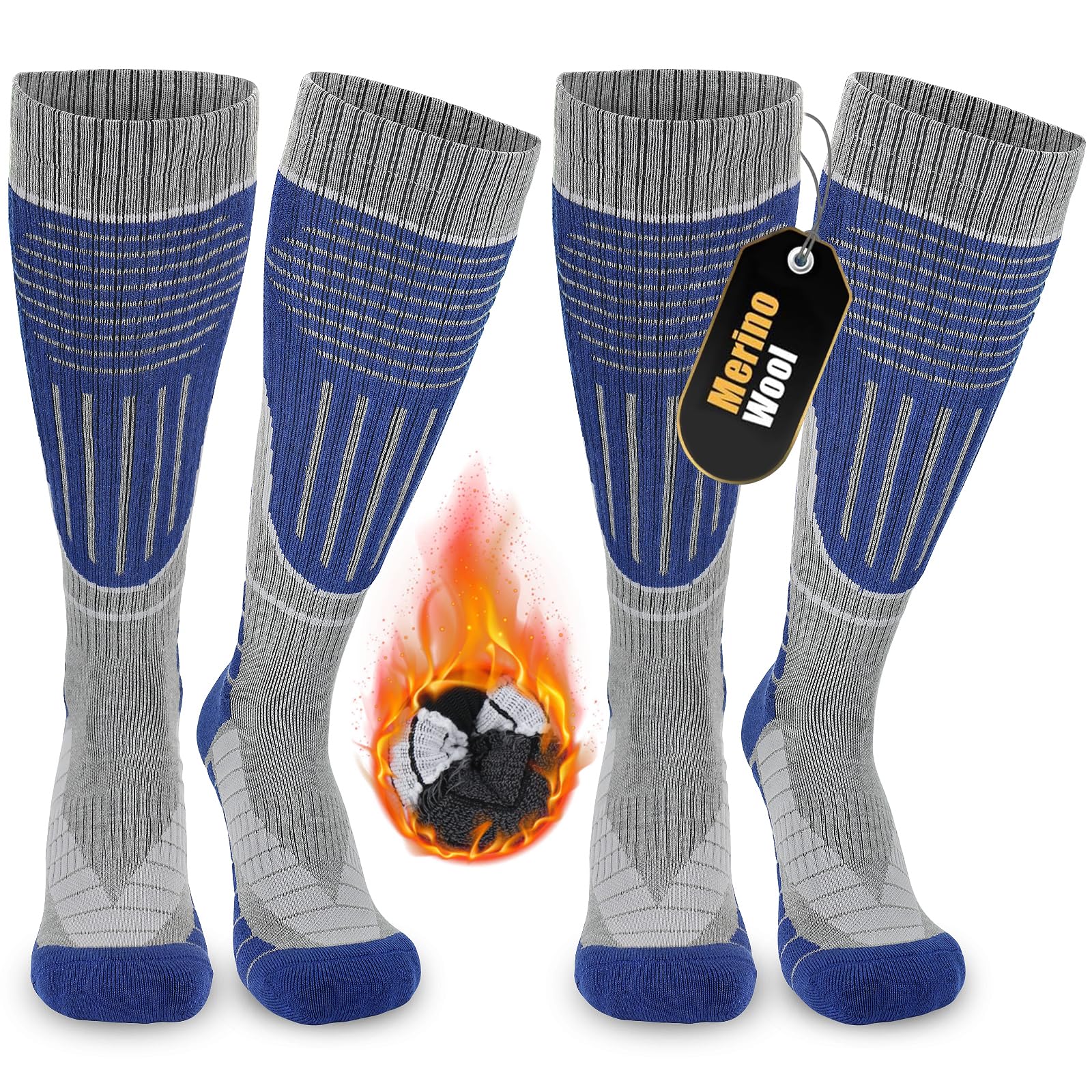 Srclo Men's 2Blue Merino Wool Ski Socks Thermal Knee High Socks,Winter Thick Warm Socks For Snowboard Walking Hiking Running Skiing And Outdoor Sports