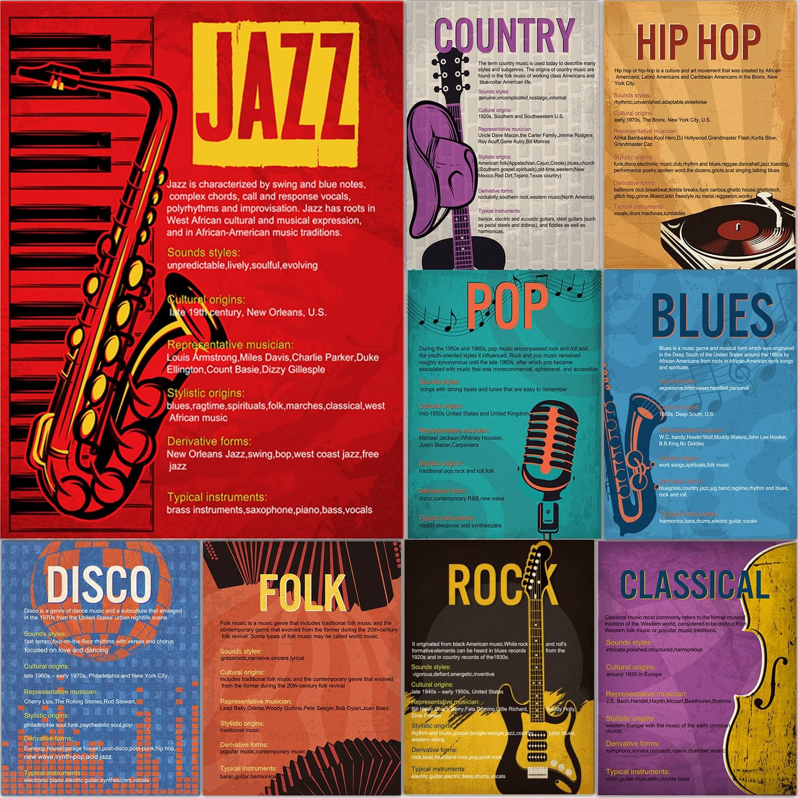 Music Genre Bulletin Board Set for Classroom Decorations - Educational Posters for Primary, Middle, and High School or Homeschool Supplies