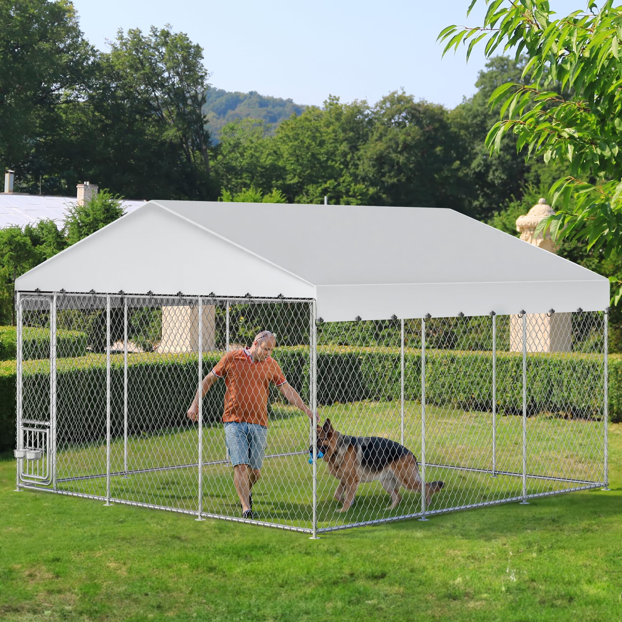 Photo 1 of YITAHOME 10'x10' Large Outdoor Dog Kennel with Rotating Feeder Bowls, Outdoor Dog Enclosure with Roof, Heavy Duty Dog Cage for Large Dogs