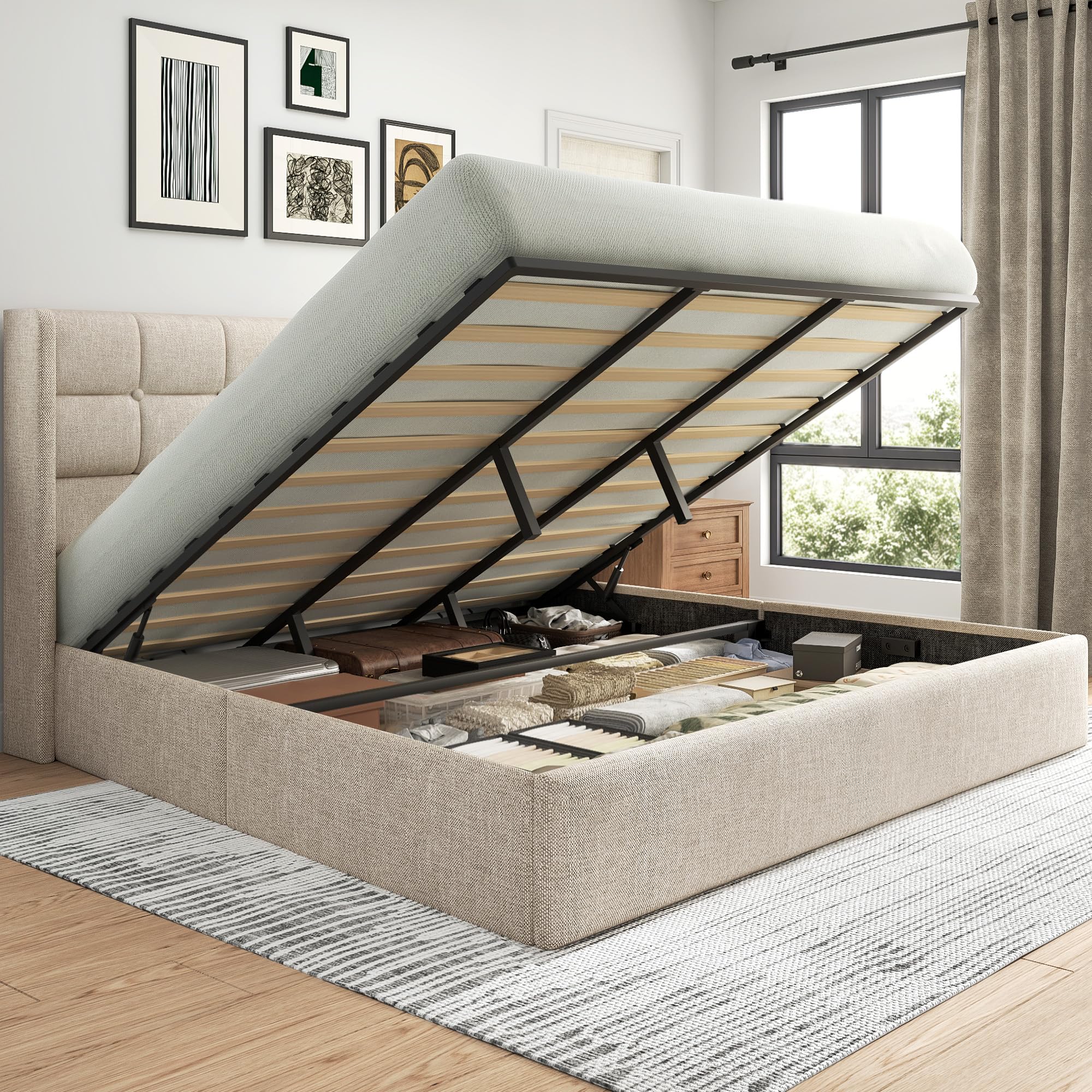 Lifezone King Size Lift Up Storage Bed Frame Linen Upholstered King Platform with Button Tufted Wingback Headboard and