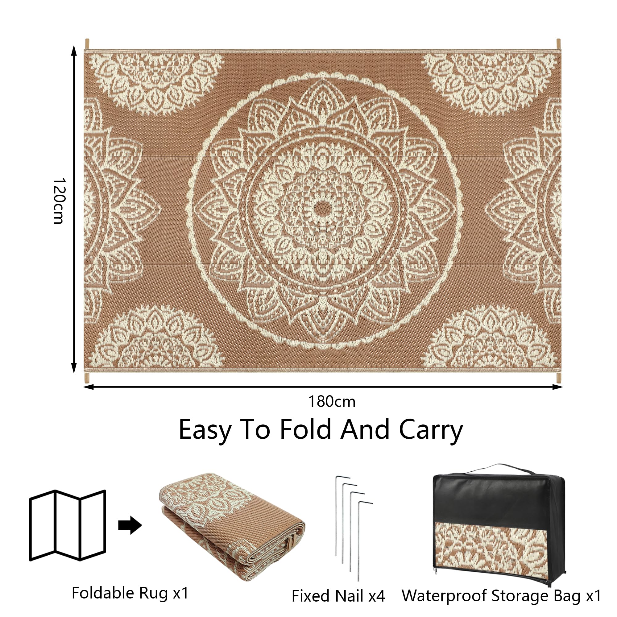 Famibay Outdoor Rug Waterproof Plastic Straw Garden Rugs Reversible Outdoor Rug 120 x 180 cm Patio Carpet UV Resistant Portable Indoor Area Rug for RV Balcony Picnic Brown Beige - Image 2
