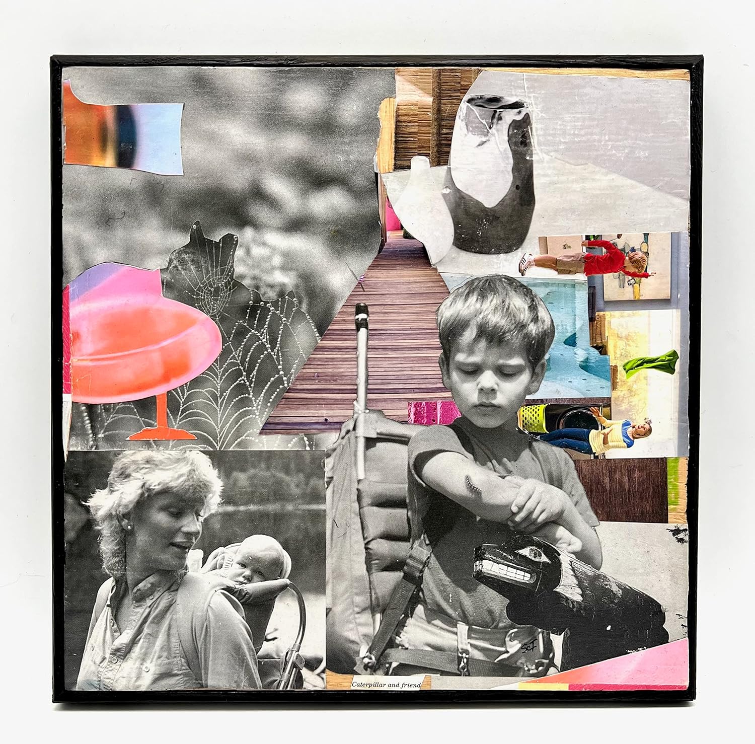 DRINKING W/CHILDREN. Gray Pink White Hiking Surreal Collage Art - Steven Tannenbaum Original