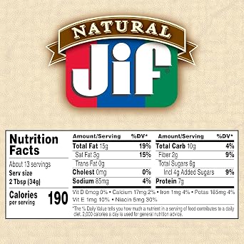 Jif Natural Creamy Peanut Butter Spread and Honey, 16 Oz. Jar | 7g protein per serving, 7% DV, See nutrition information for fat and saturated fat content, Contains 80% peanuts