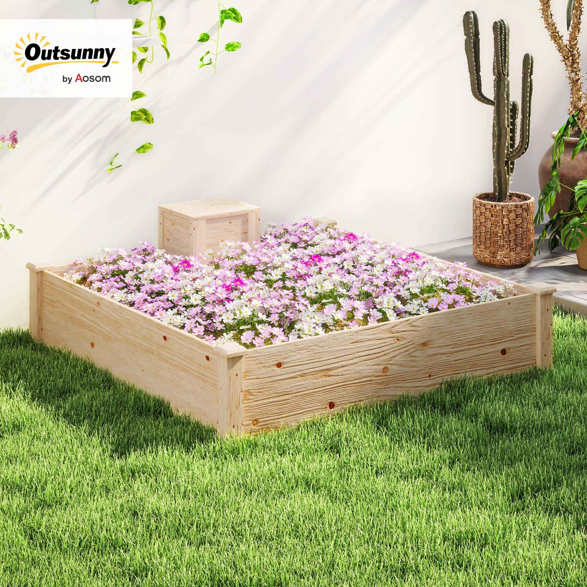 Outsunny Letto per Orto Rialzato da Esterno 123x123x25.5 cm Color Legno | Con Compostiera, Fondo Aperto, Fioriera da Esterno in Legno di Abete, per Piante e Fiori