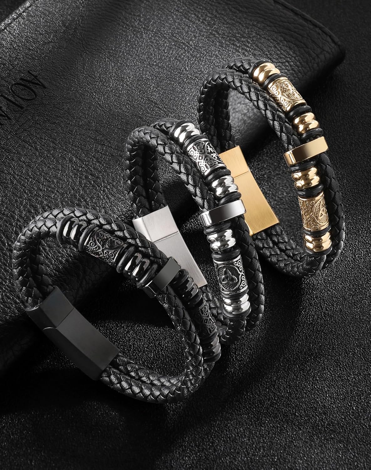 Mens Cuff Viking Bracelet - Celtic Knot and Compass 316L Stainless Steel Leather Bracelets for Men - Double Row Punk Jewelry - Image 2