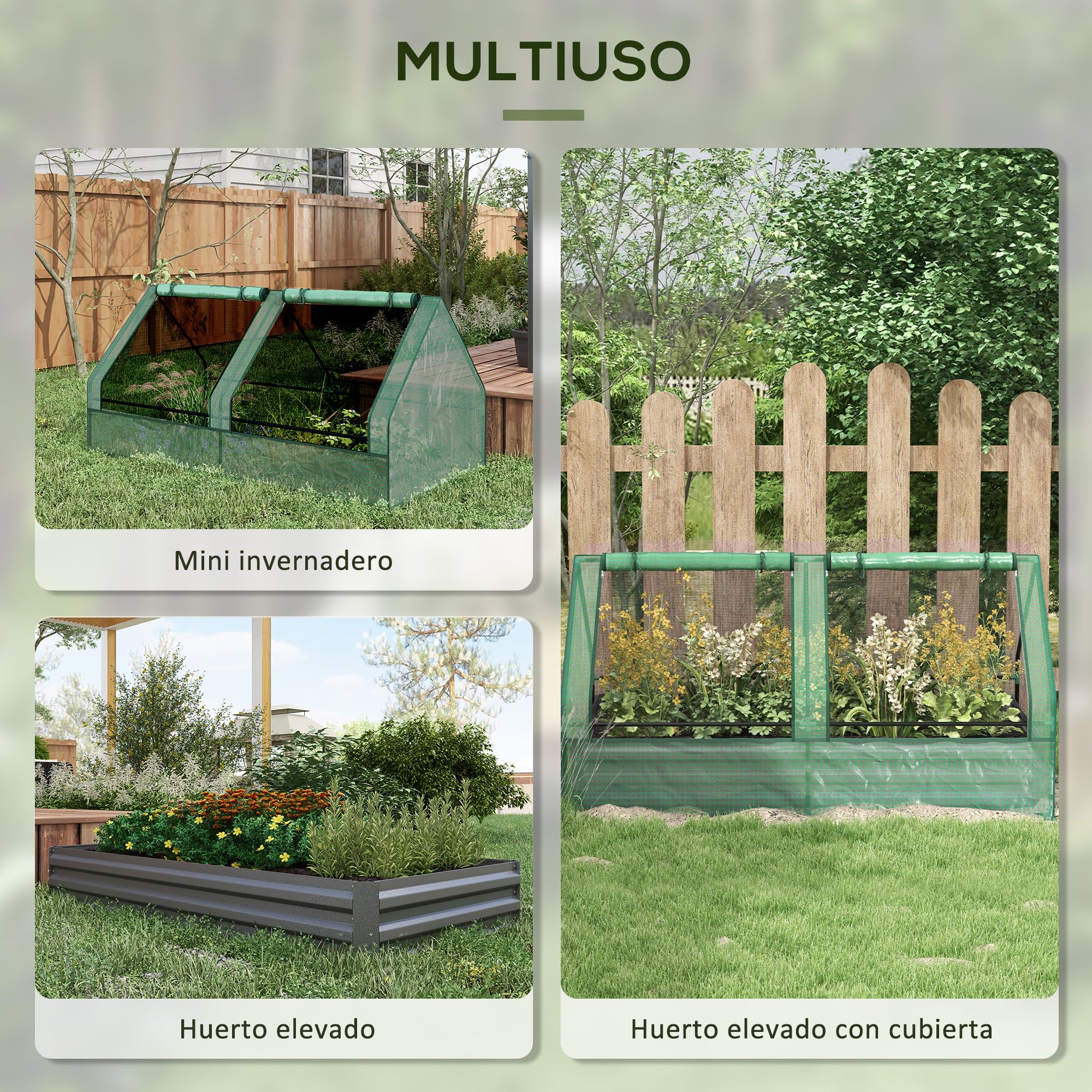 Outsunny Jardinera Exterior Grande con Mini Invernadero, Huerto Urbano de Acero Galvanizado con Base Abierta, Resistente a la Intemperie, para Patio, Terraza, Balcón, 185x95x92 cm, Gris y Verde