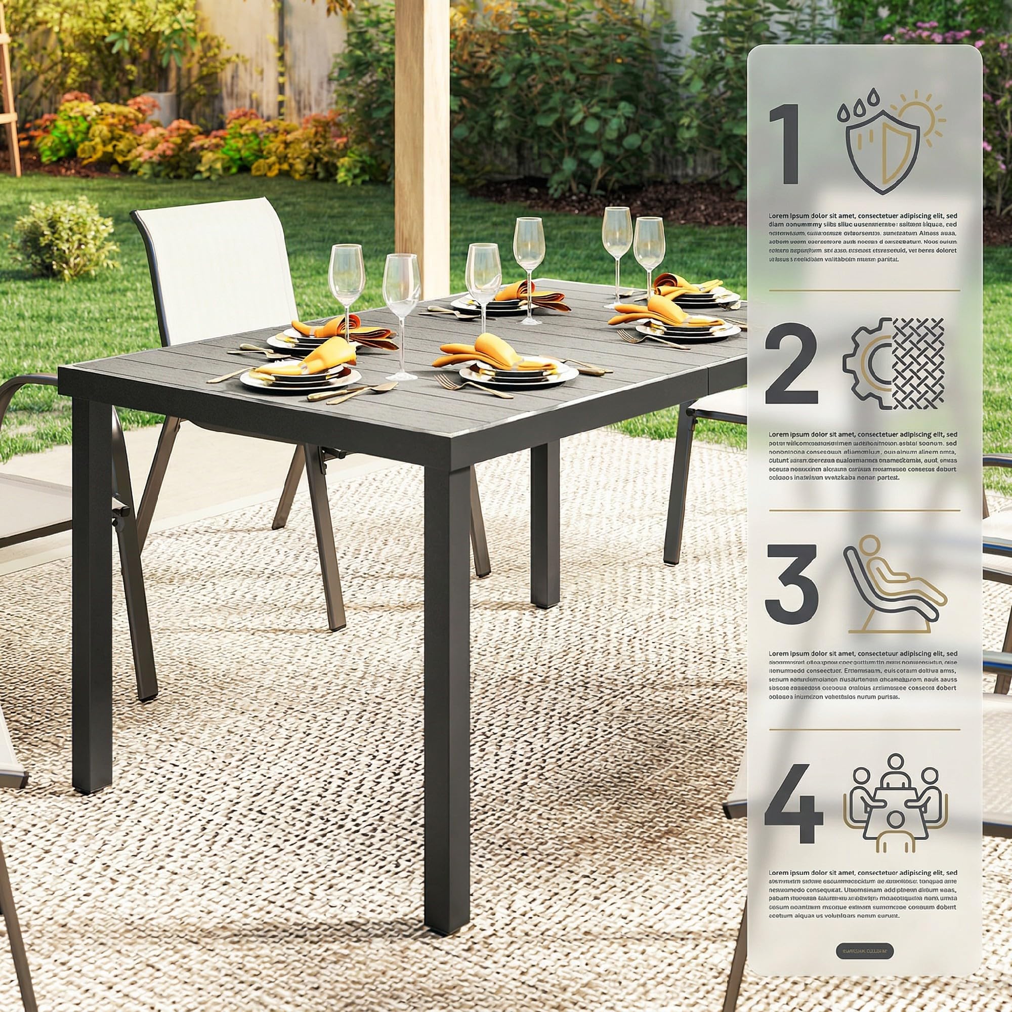 Outsunny Table de Jardin rectangulaire pour 4 à 6 Personnes, Table à Manger extérieure avec Plateau à Lattes, Pieds en Acier, idéale pour terrasse, Balcon, Porche, 140 x 90 x 74 cm, Gris