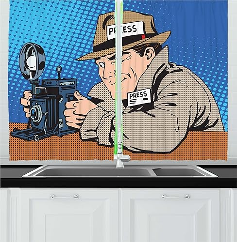 Ambesonne Paparazzi - Cortinas de cocina, periodista de prensa con cámara Pop Art estilo retro, juego de cortinas de ventana para decoración de