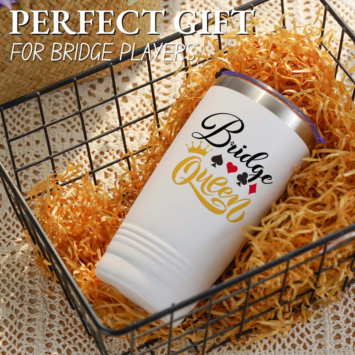 Onebttl Bridge Players Gifts for Women, 20oz/590ml Double Wall Vacuum Insulated Stainless Steel Tumblers Cups - Bridge Queen, White - Image 2