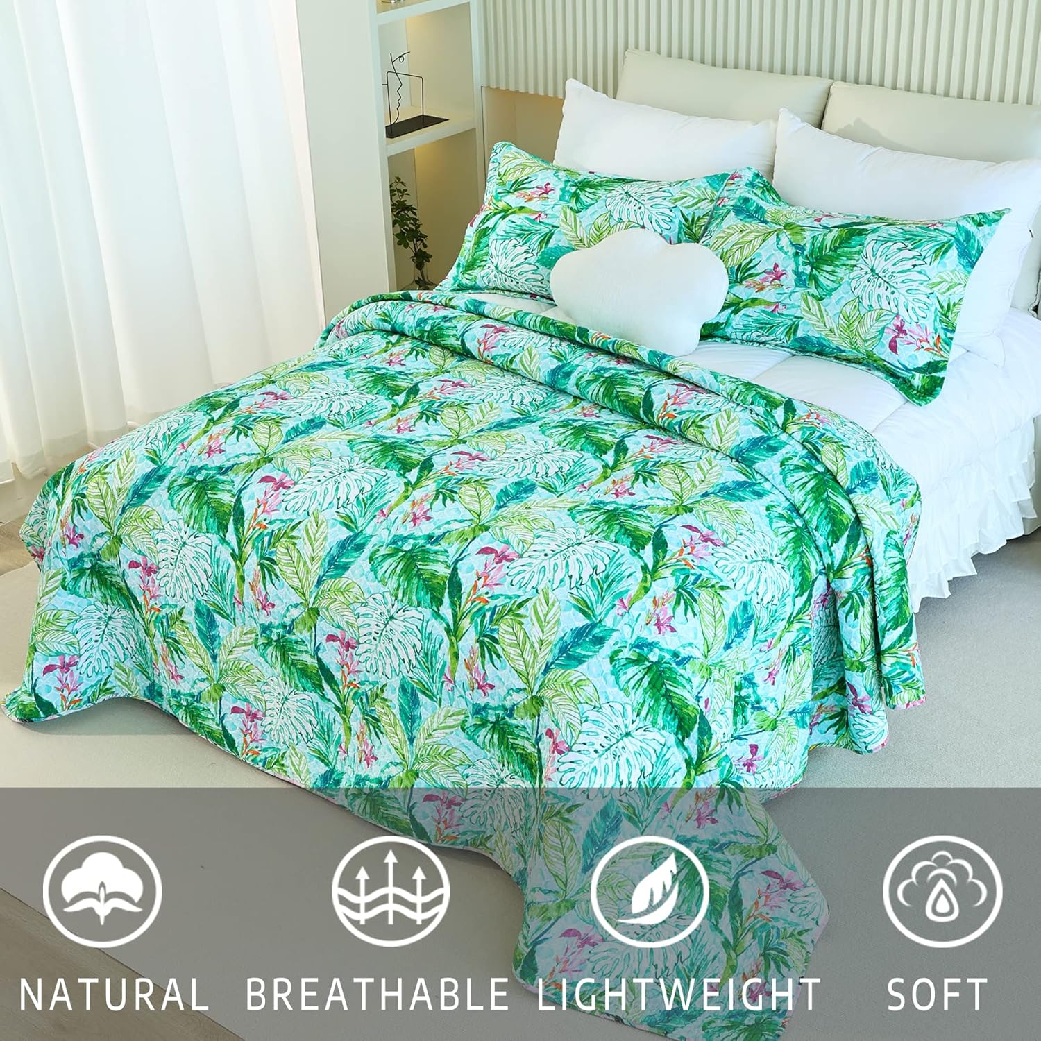 EVENHUG Cotton Quilt Set Queen Floral Reversible Bedspread Set Soft Brushed Bed Cover Lightweight Floral Quilted Bedding Set 1 Quilt with 2 Pillow Shams (Leaf, Queen)