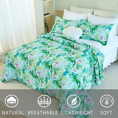 Miniatura 6 de EVENHUG Green Leaf - Juego de edredón tamaño individual de algodón con palmeras tropicales de doble patrón, juego de colcha reversible de 3 piezas,