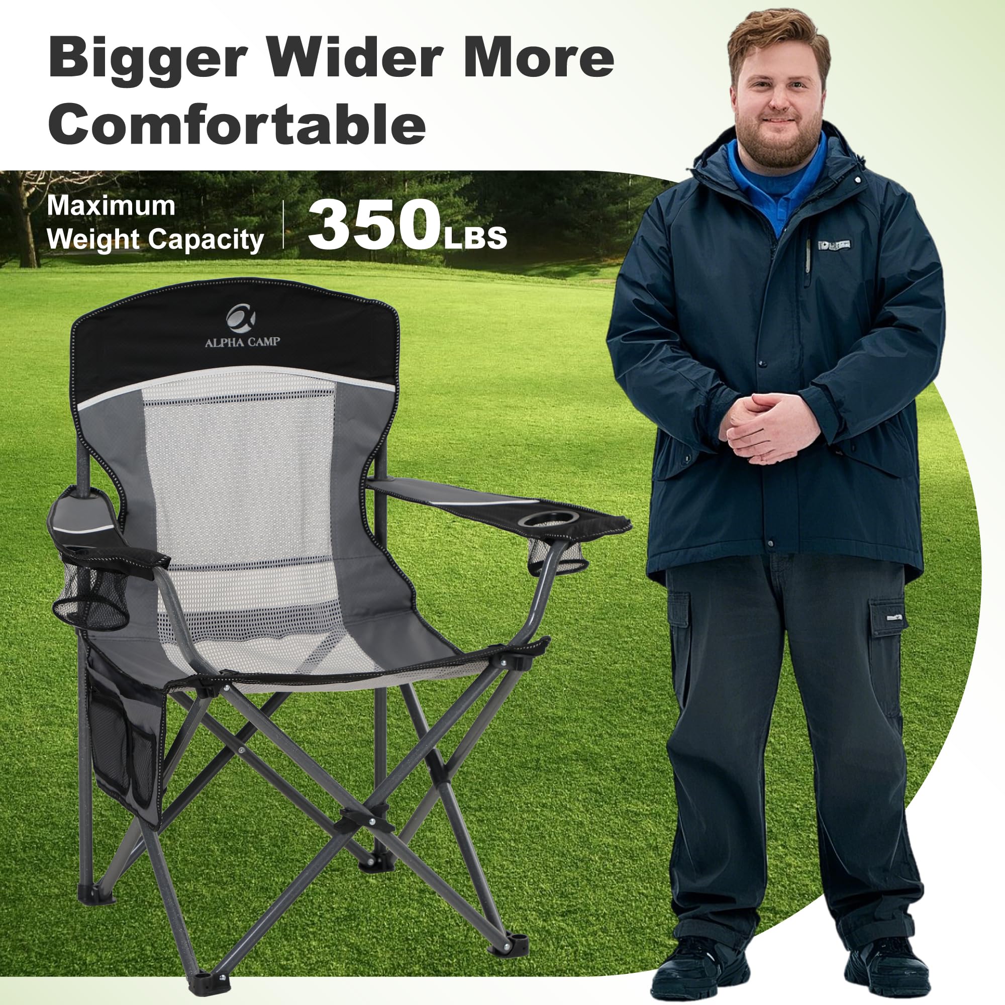LET'S CAMP Siatkowe oparcie krzesło kempingowe, przenośne, składane, wytrzymałe krzesło na zewnątrz, 150 kg, trwałe, duże krzesło z uchwytem na kubek i torbą do przenoszenia, na kemping, wędkowanie,
