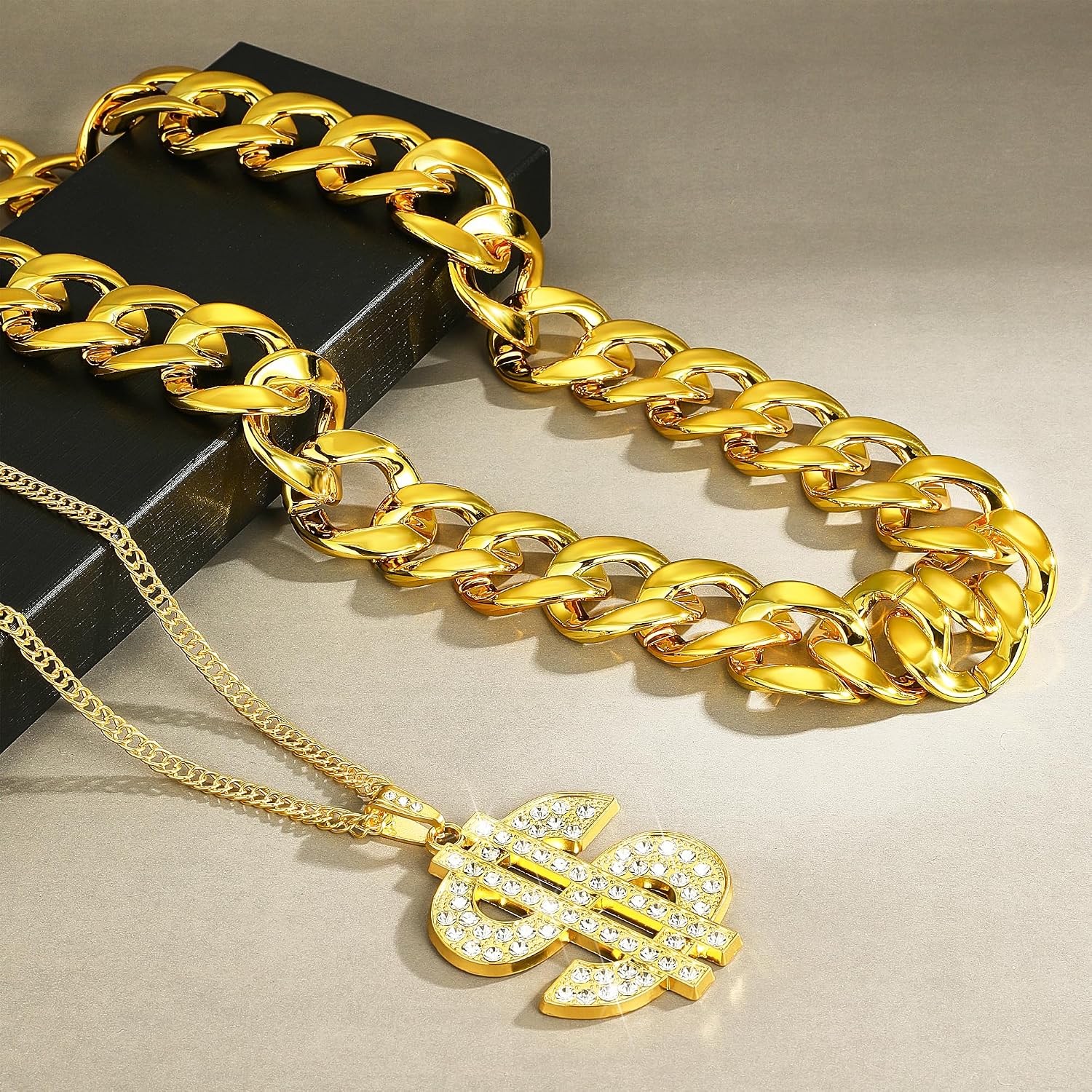 80s 90s Hip Hop Costume Outfits Kit Sunglasses Cap Rapper Golden Chain Necklace Dollar Sign Rings Accessories Set for Halloween Party