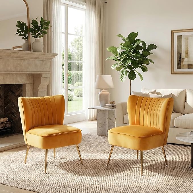 Sillón Acento Moderno Terciopelo Amarillo Patas Doradas miniatura 8