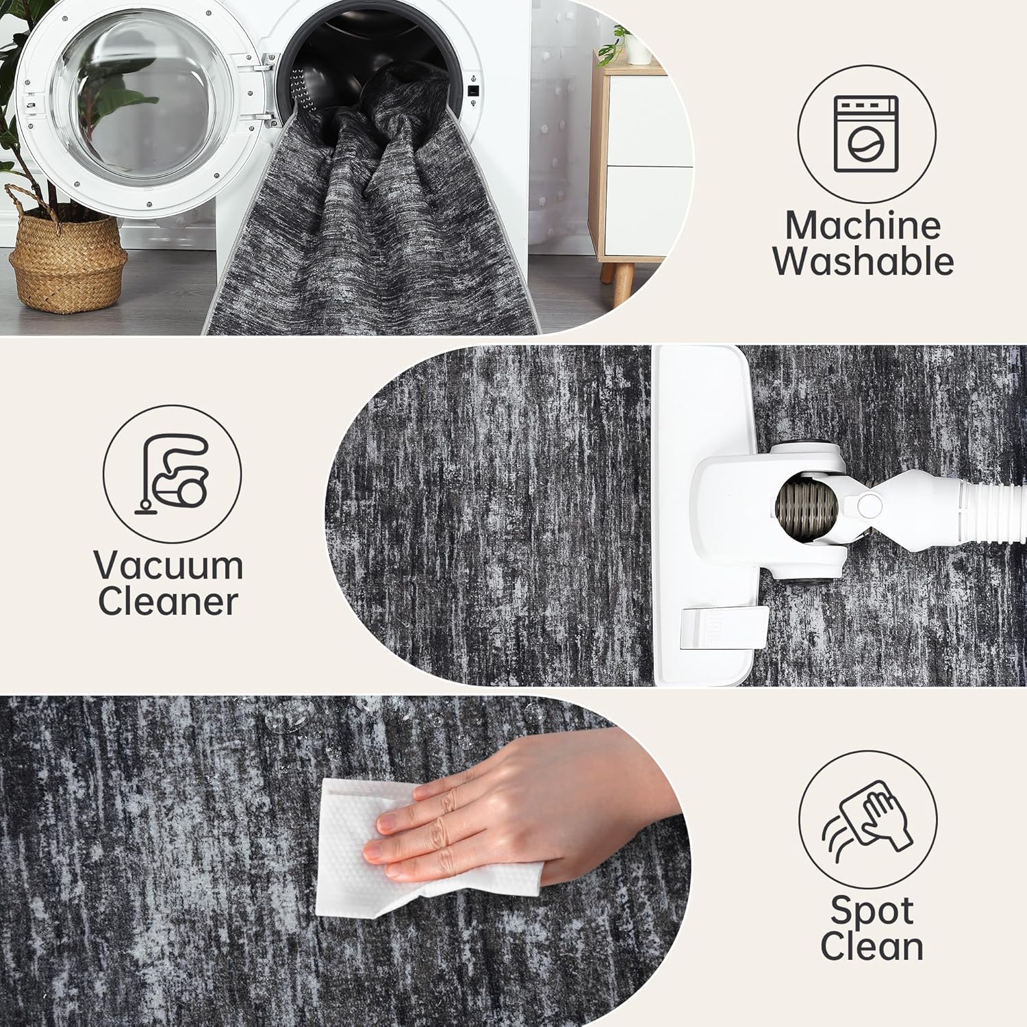 GarveeHome 8x10 Large Living Room Rug Machine Washable Area Rugs for Bedroom, Modern Solid Color Rugs with Rubber Backing, Stain Resistant Low Pile Neutral Mats for Bedroom, Dining Room, Dark Grey