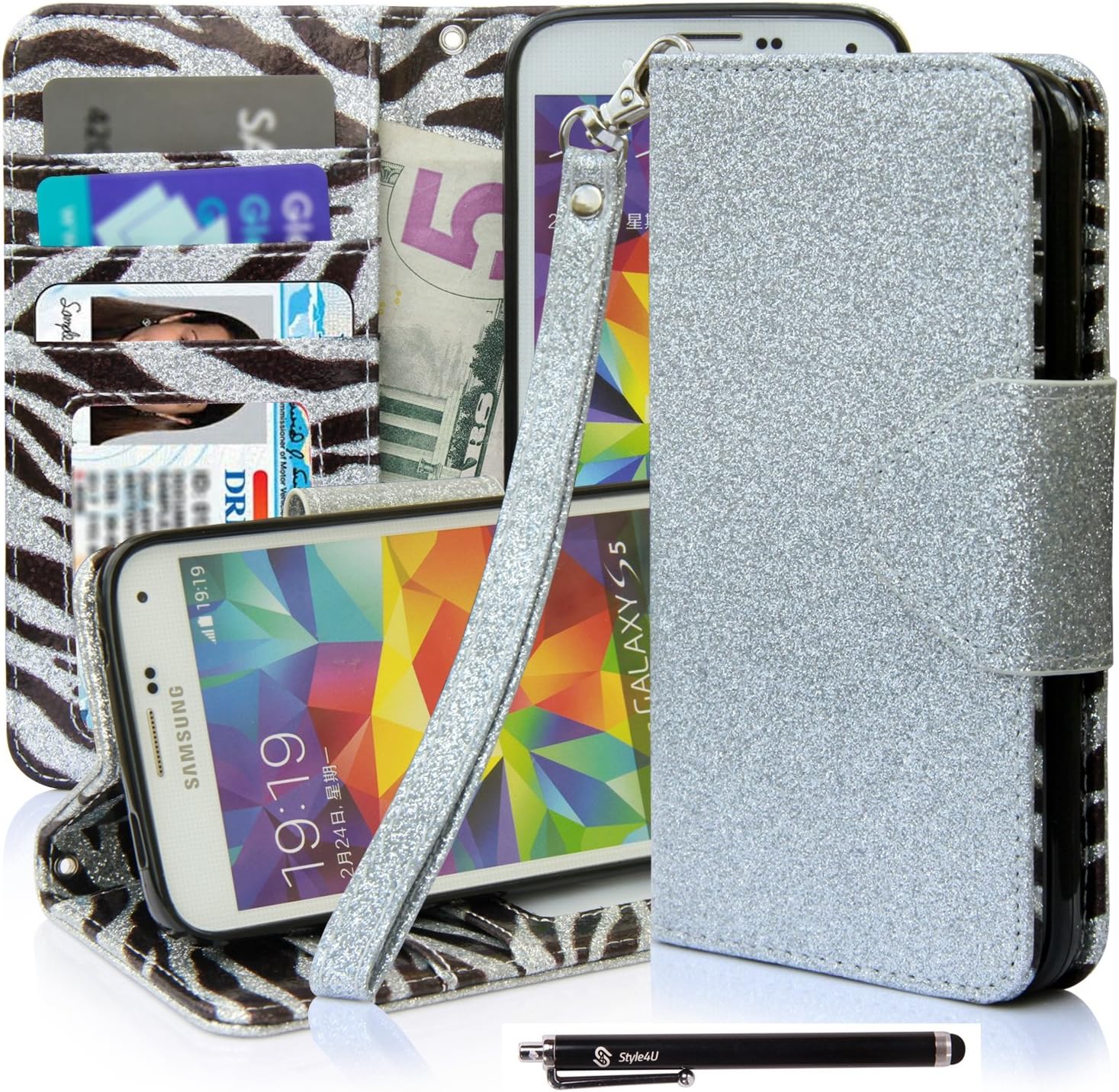 Galaxy S5 Case, Style4U Galaxy S5 Bling Case - [Silver] Shiny PU Leather Stand Wallet Purse Case with ID Credit Card / Cash Slots + 1 Stylus and 1 Screen Protector (for Verizon, AT&T Sprint, T-Mobile, Unlocked) [Silver]