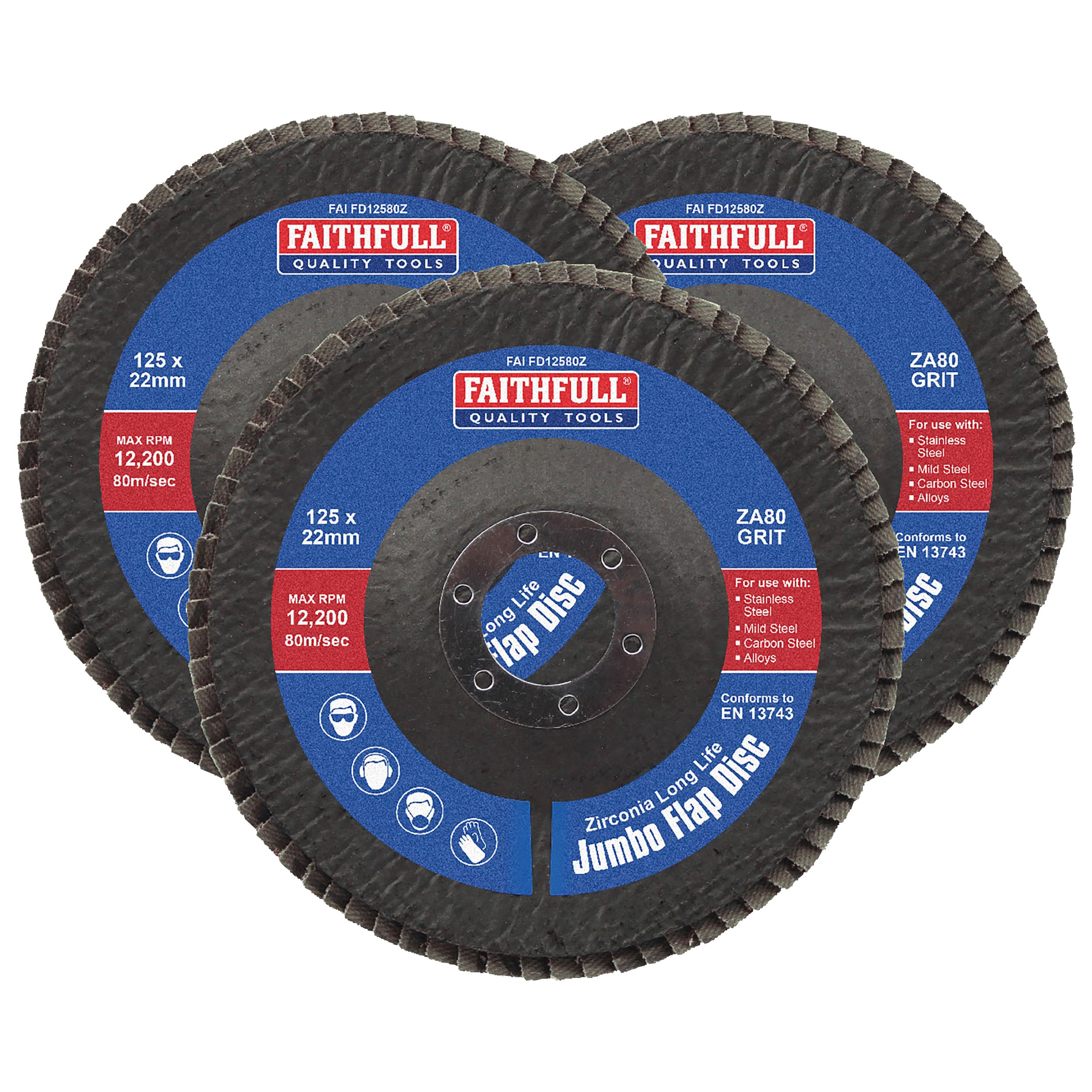 Faithfull FAIFD12580Z3 125mm Flap Disc Zirconium Set - 80 Grit, Abrasive Angle Grinder Discs for Sanding Metal, Wood, Plastic – 3PCS