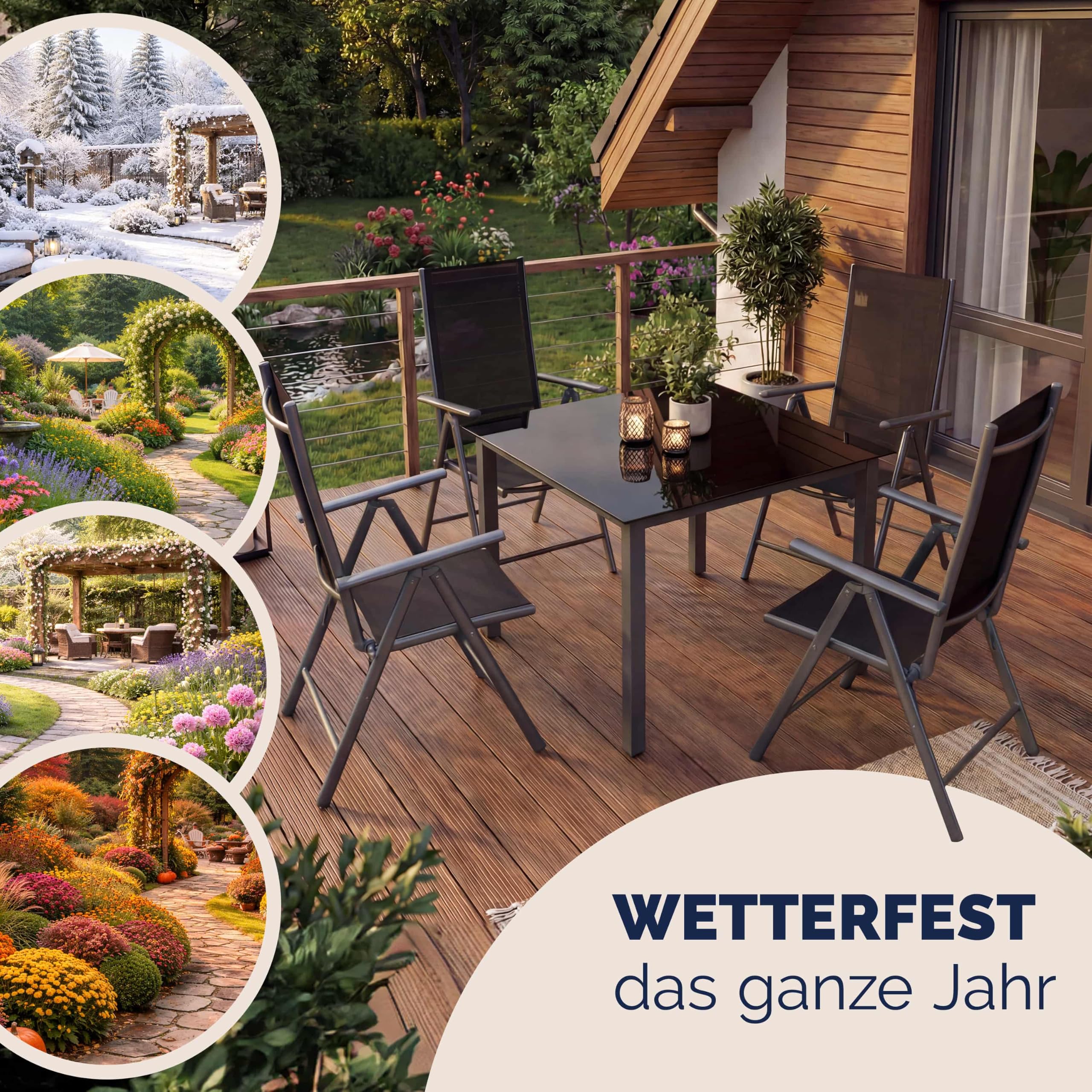 Casaria® Gartenmöbel Set 4 Stühle mit Tisch 90x90cm Aluminium Sicherheitsglas Wetterfest Klappbar Modern Terrasse Balkon Möbel Sitzgruppe Garnitur Bern