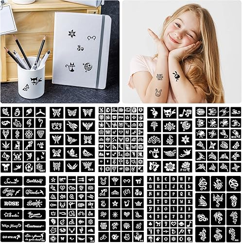 Miniatura 2 de 16 hojas de plantillas de tatuaje de henna reutilizables para mujeres, niñas y niños, más de 220 plantillas de tatuaje, plantilla de tatuaje con