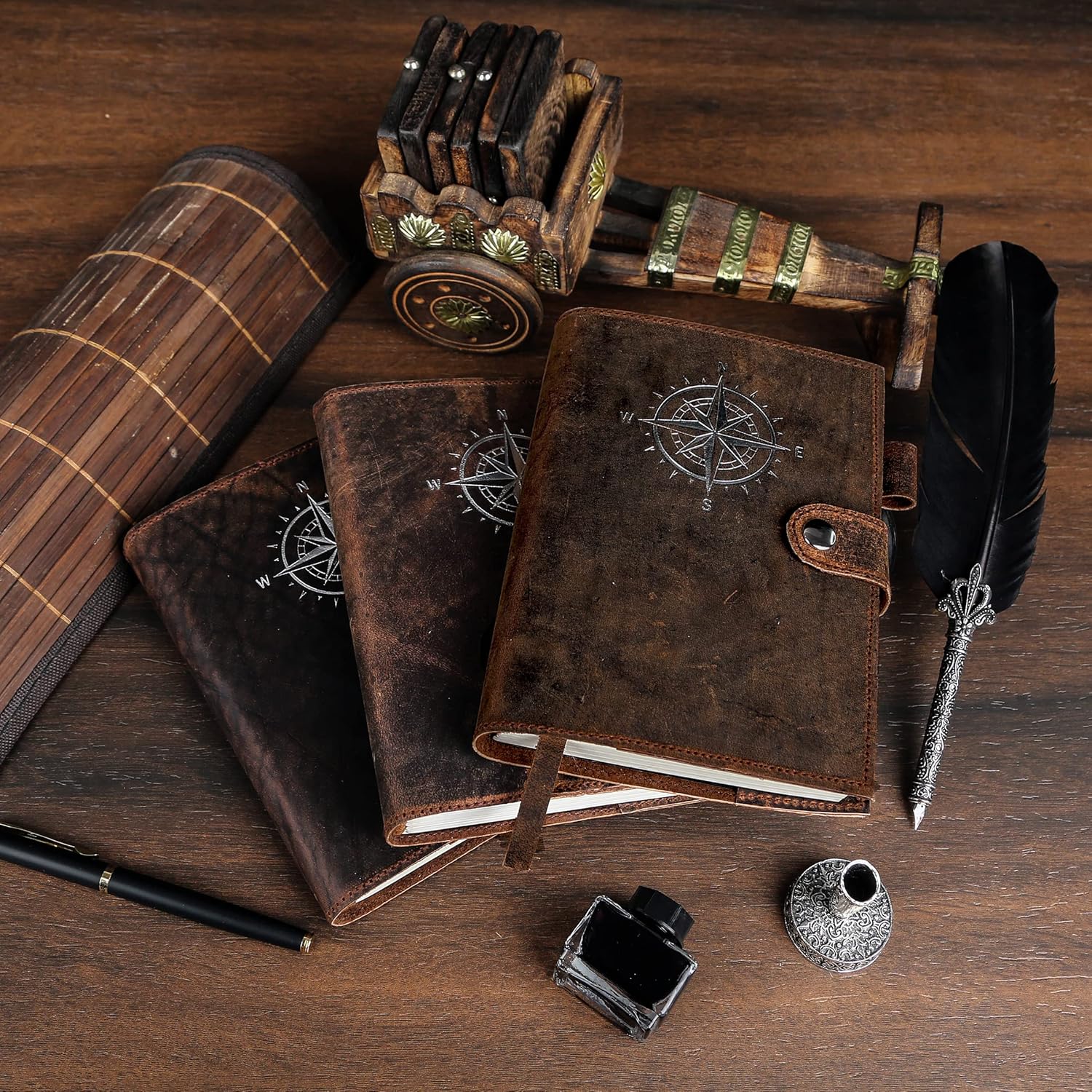 Leather Journal For Men & Women - Premium Refillable Lined Compass Leather Notebook With Pen, Coin & Pen Slot, Leather Bookmark - Journals For Writing - Travel Journal - Diary - Daily Journal 240 page