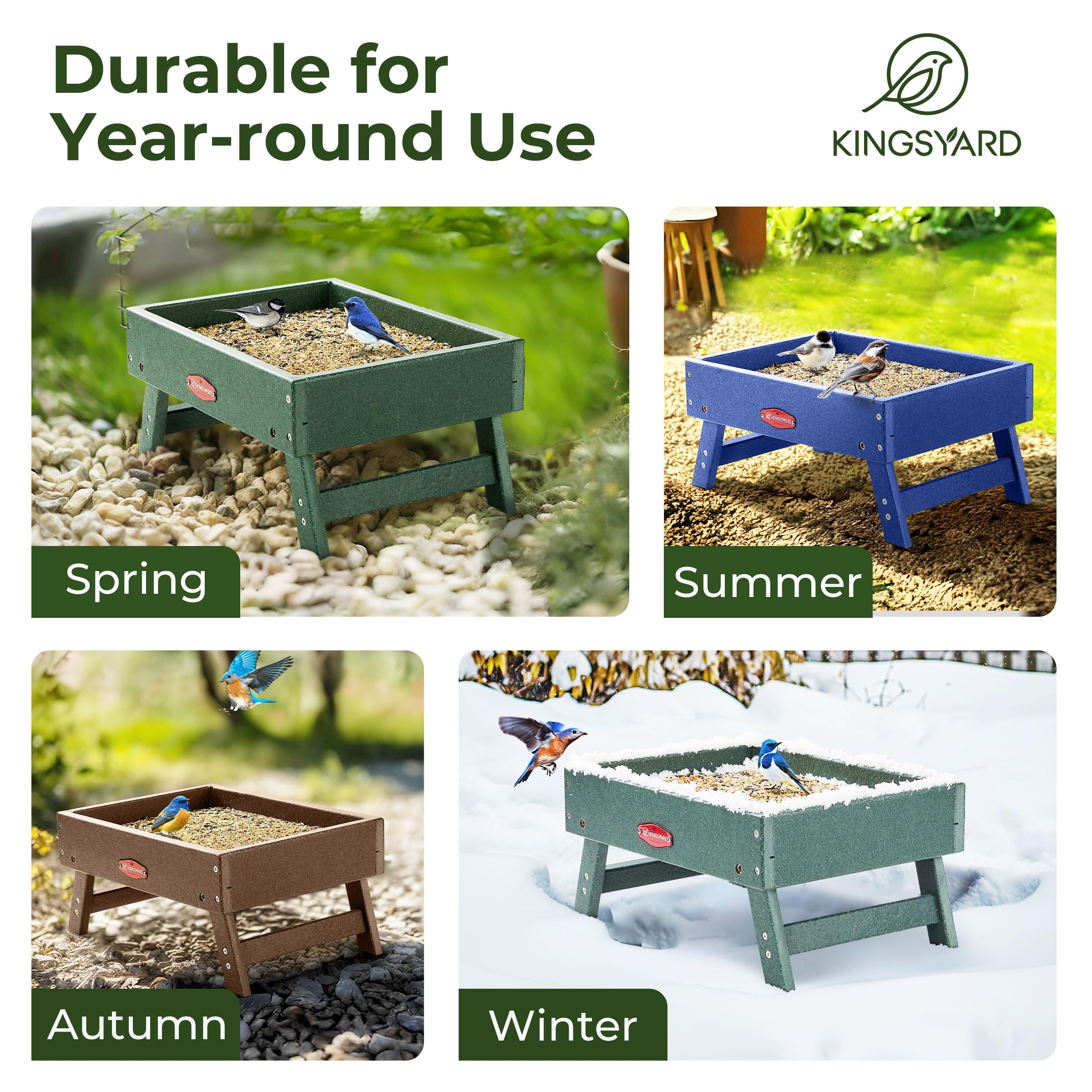 Kingsyard Comedero para pájaros de tierra para exteriores, comedero de plataforma de plástico reciclado para pájaros silvestres, comederos resistentes para ardillas, gran capacidad de 5 libras, color