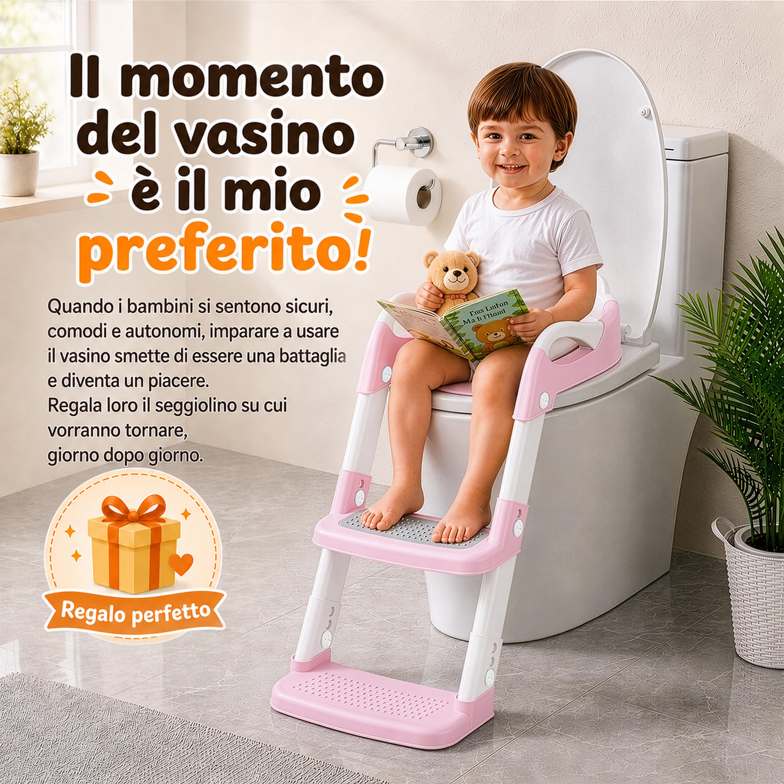 Riduttore WC Bambini, Stabile con Pedale e Maniglia, Rosa | Pedale Allungato e Antiscivolo, Facile da Montare e Riporre, Altezza Regolabile, Antischizzo Per Bambini E Bambine In Bagno