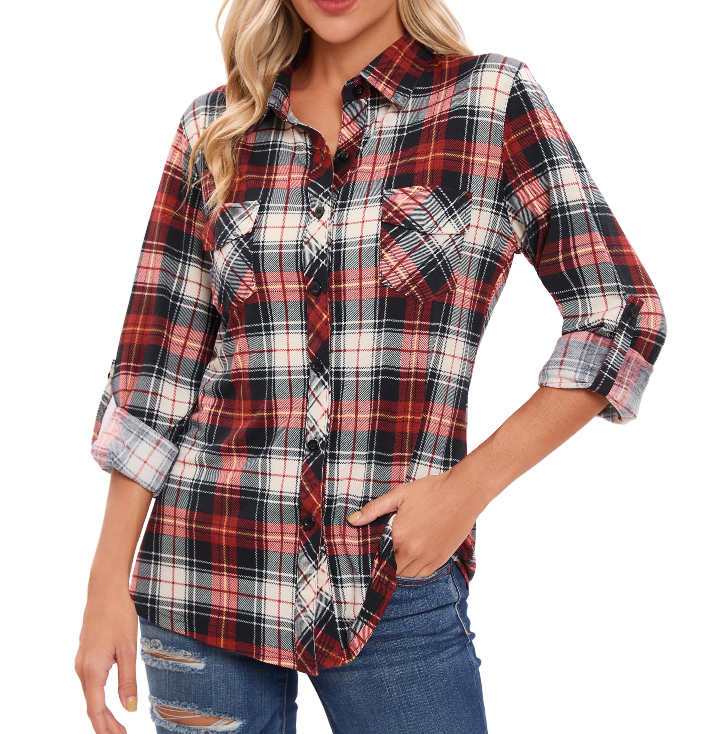 Oyamiki Womens Casual Cuffed Long Sleeve Boyfriend Button Down Plaid Flannel Shirt Tops Small Red Black Plaid