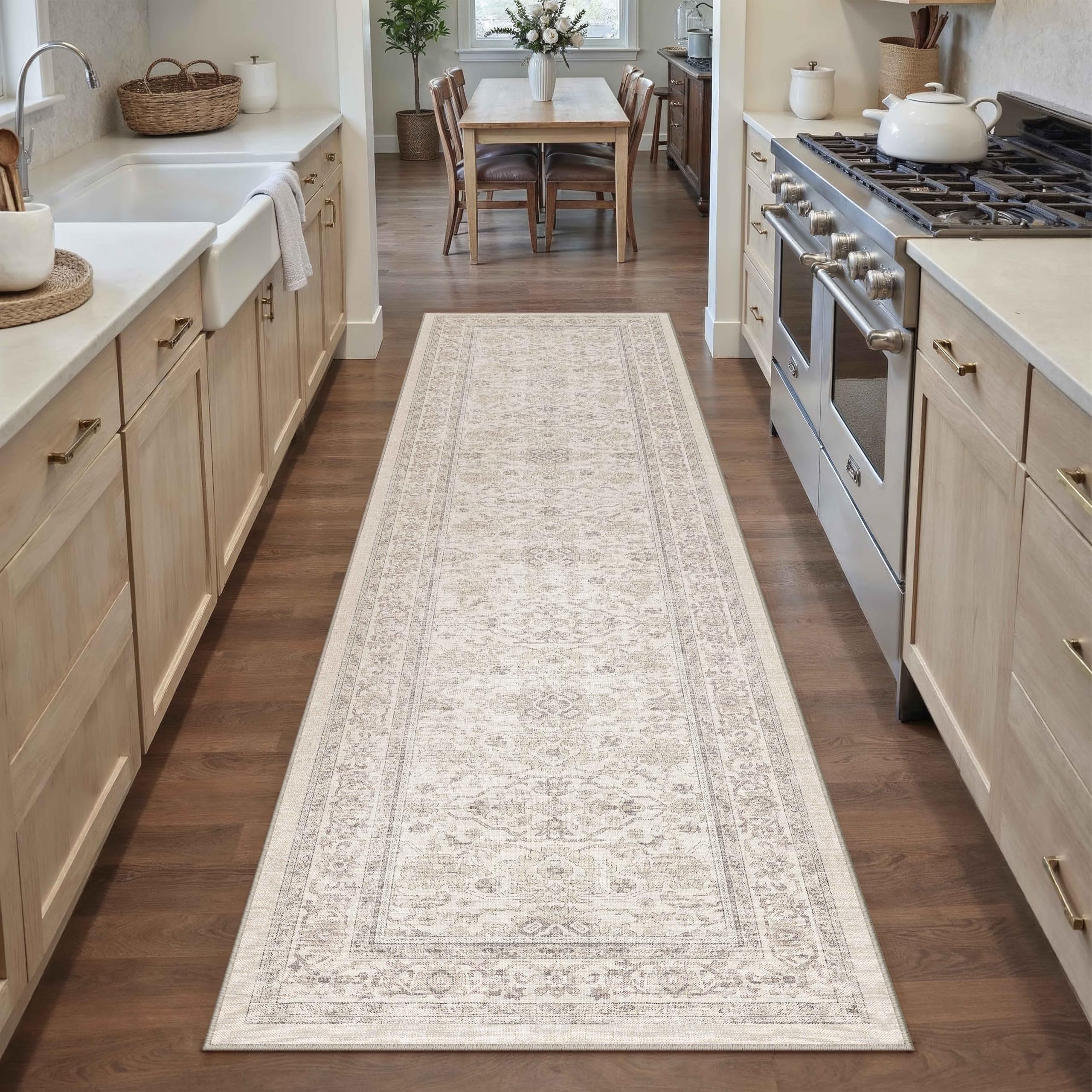 hugear 2x8 runner rug hallway retro beige machine washable vintage floral low pile carpet vacuumable distressed long throw rug bedroom office bathroom kitchen laundry non slip soft lightweight