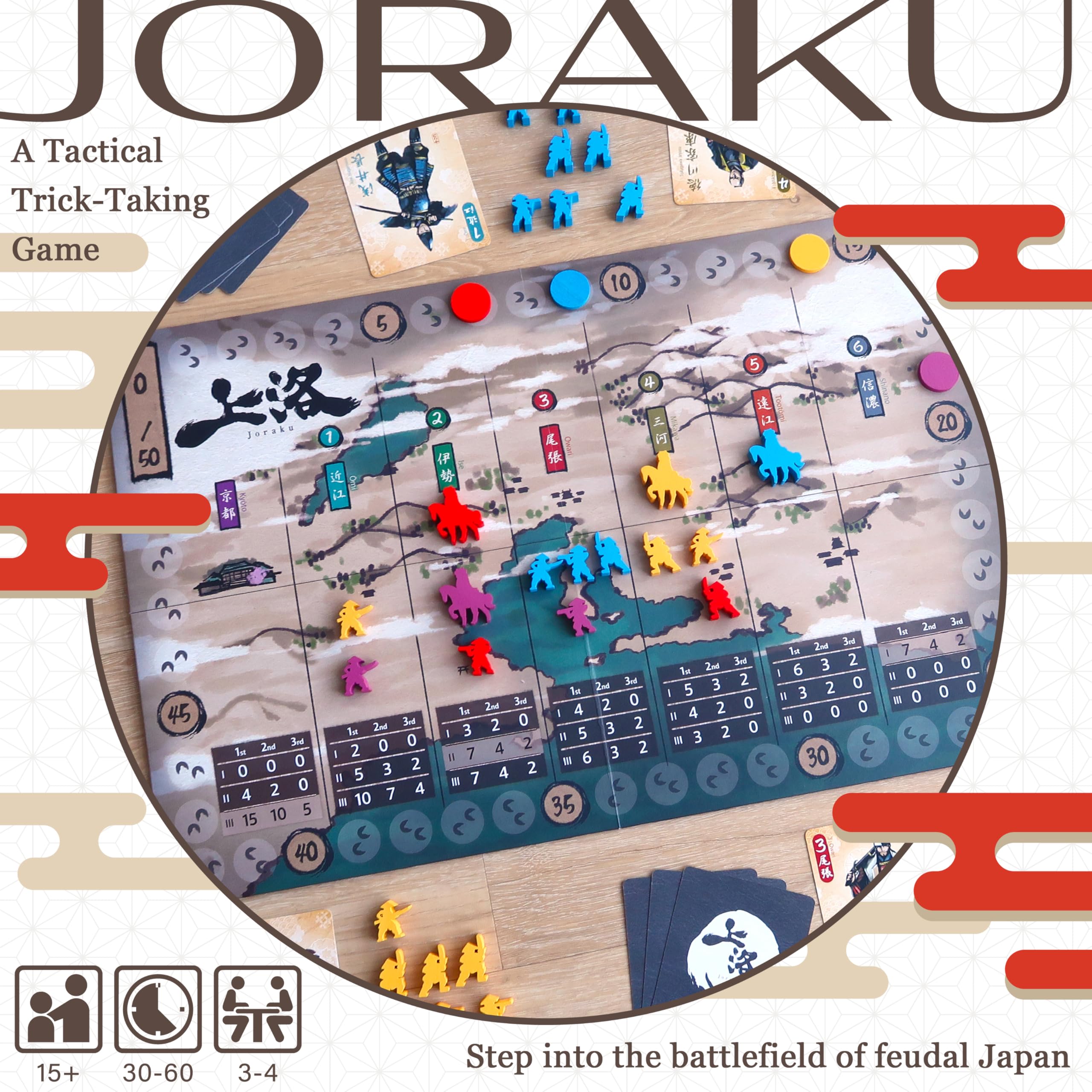 Moaideas Game Design Joraku Deluxe Strategy Board Game, 40 Wooden Samurai Meeples, Area Control and Trick-Taking Mechanics - Image 2