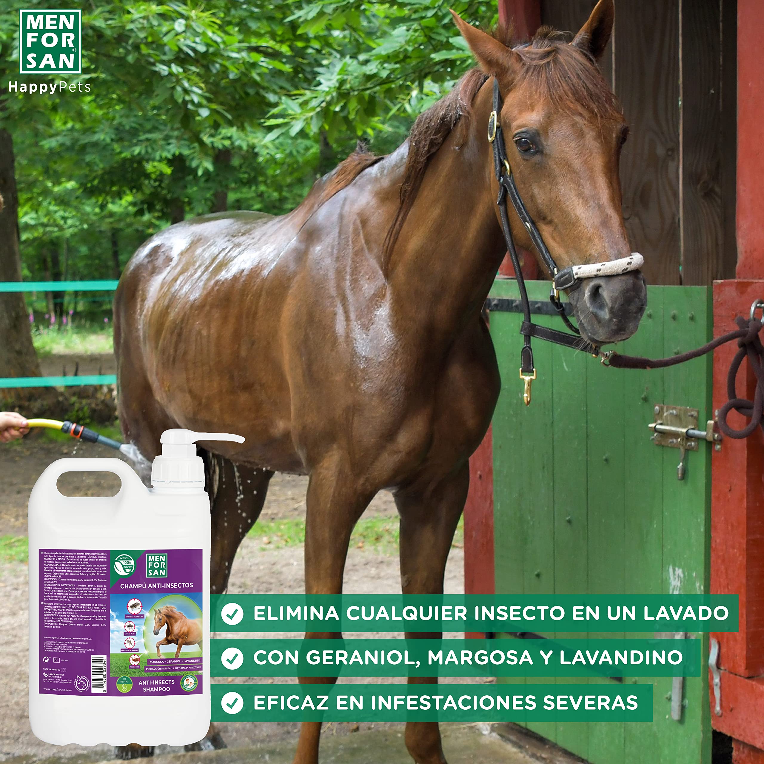MENFORSAN Shampooing Anti-Puces pour Chevaux 5L, avec Margosa, Geraniol et Lavandin, Protège Contre Tous Les Insectes