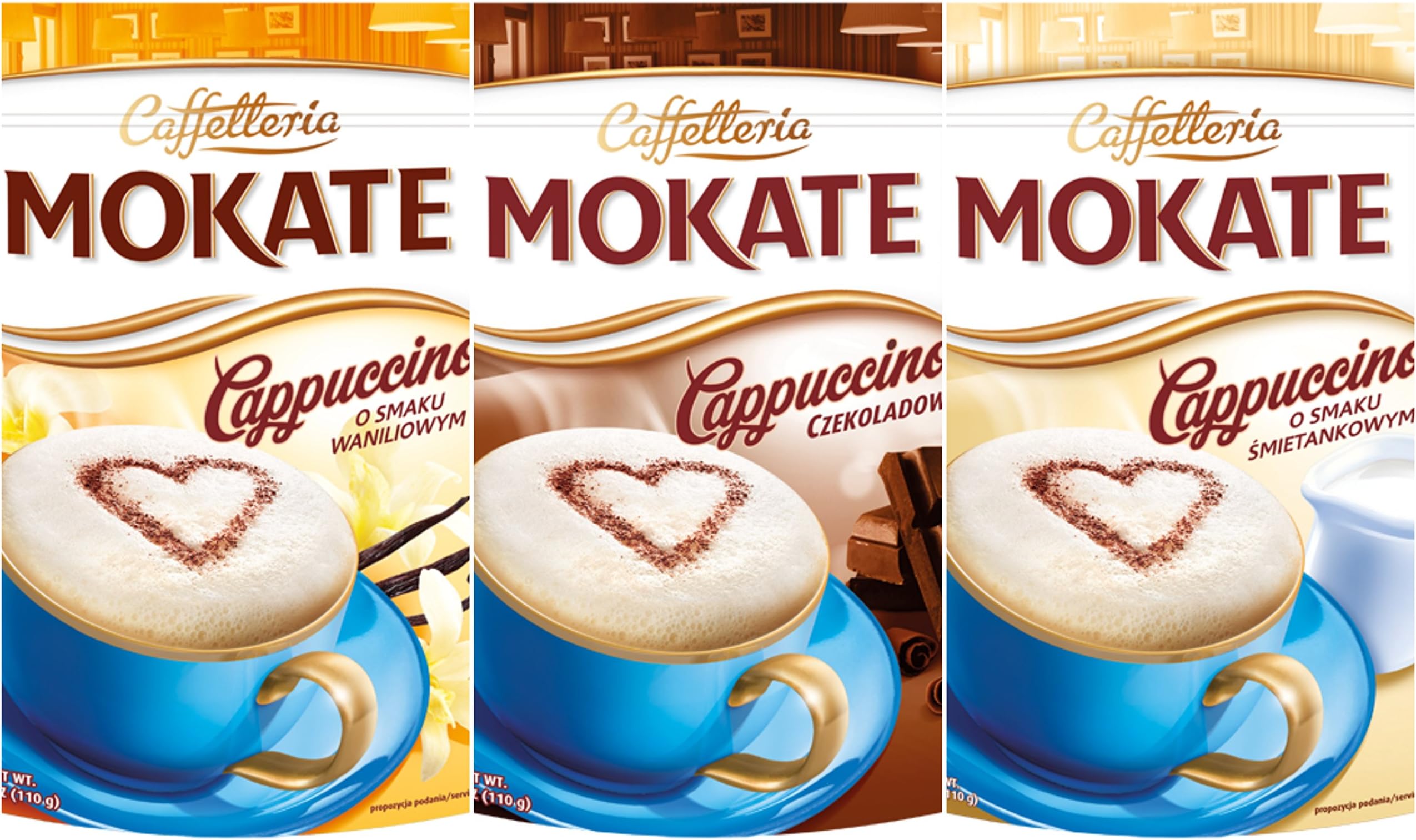 Mokate Cappuccino Classic hot drink Caffetteria Mokate Flavours: Vanilla,Cream,Chocolate, 110g, Pack of 3