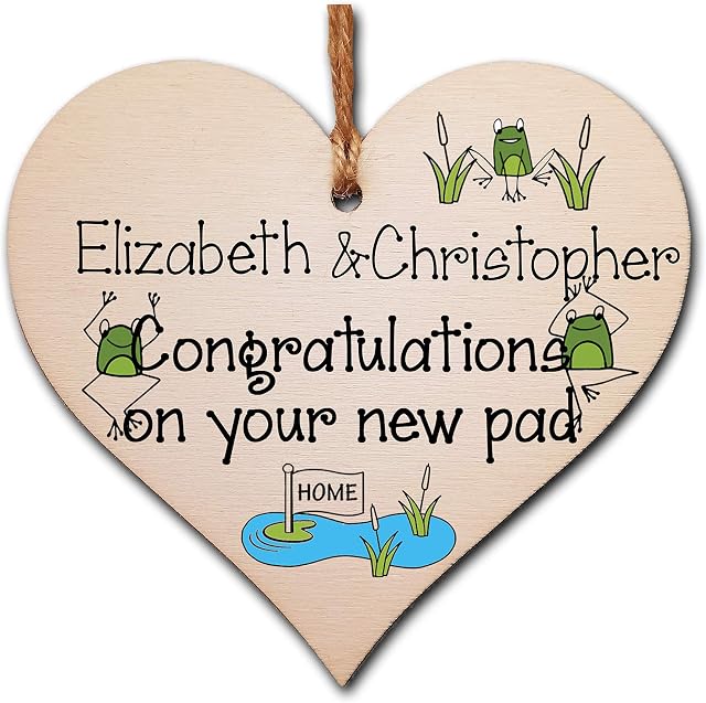 The Plum Penguin Personalised Handmade Wooden Hanging Heart Plaque Gift Congratulations on your New Pad for New Home House Warming New Couple Frog Design Present