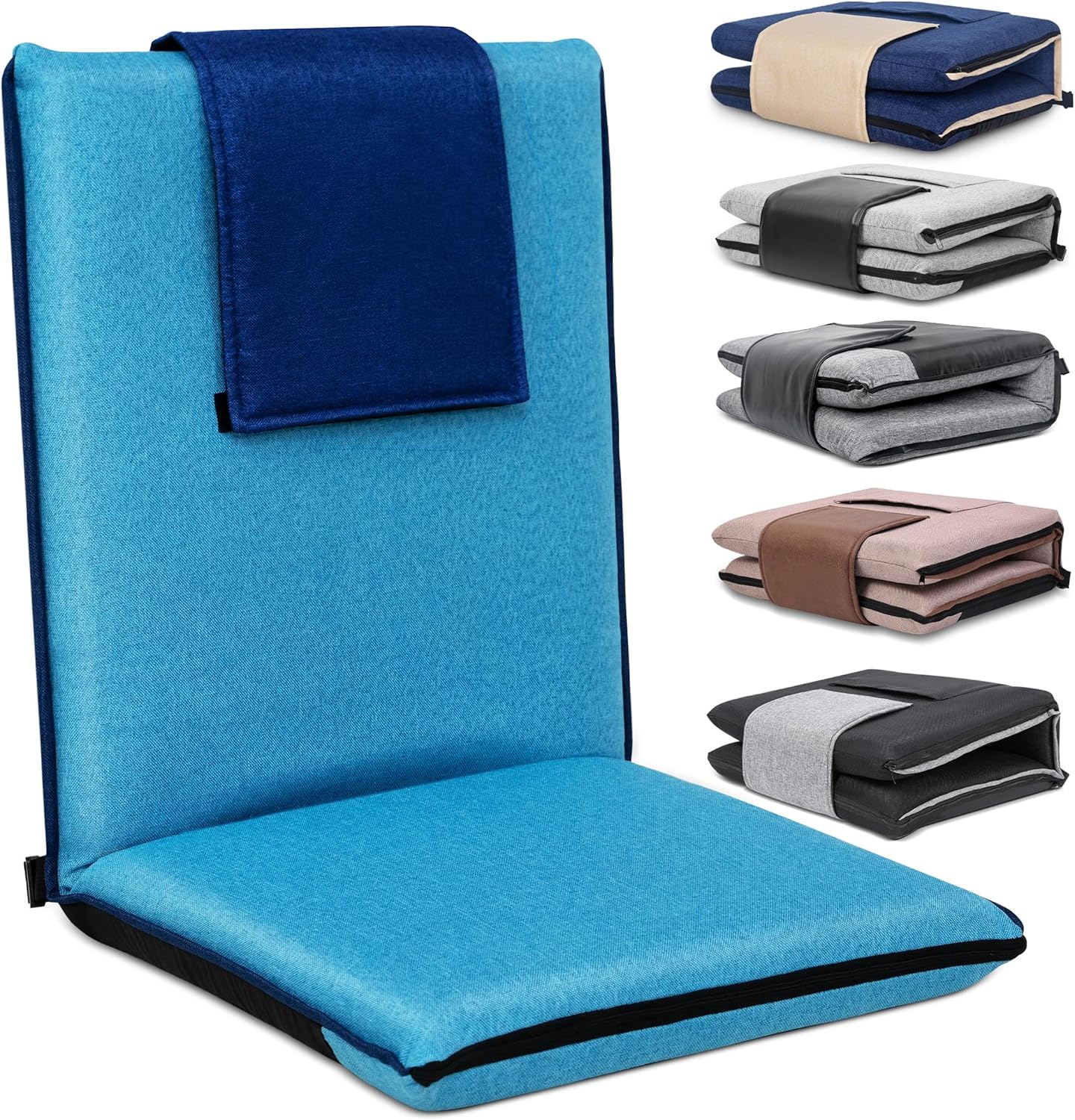 Floor Chair with Back Support 14-Position Adjustable Floor Chair Portable Ground Seating for Adults Foldable Meditation Seat with Japanese KOYO Bearings & Washable Linen Cover (Bright Blue)