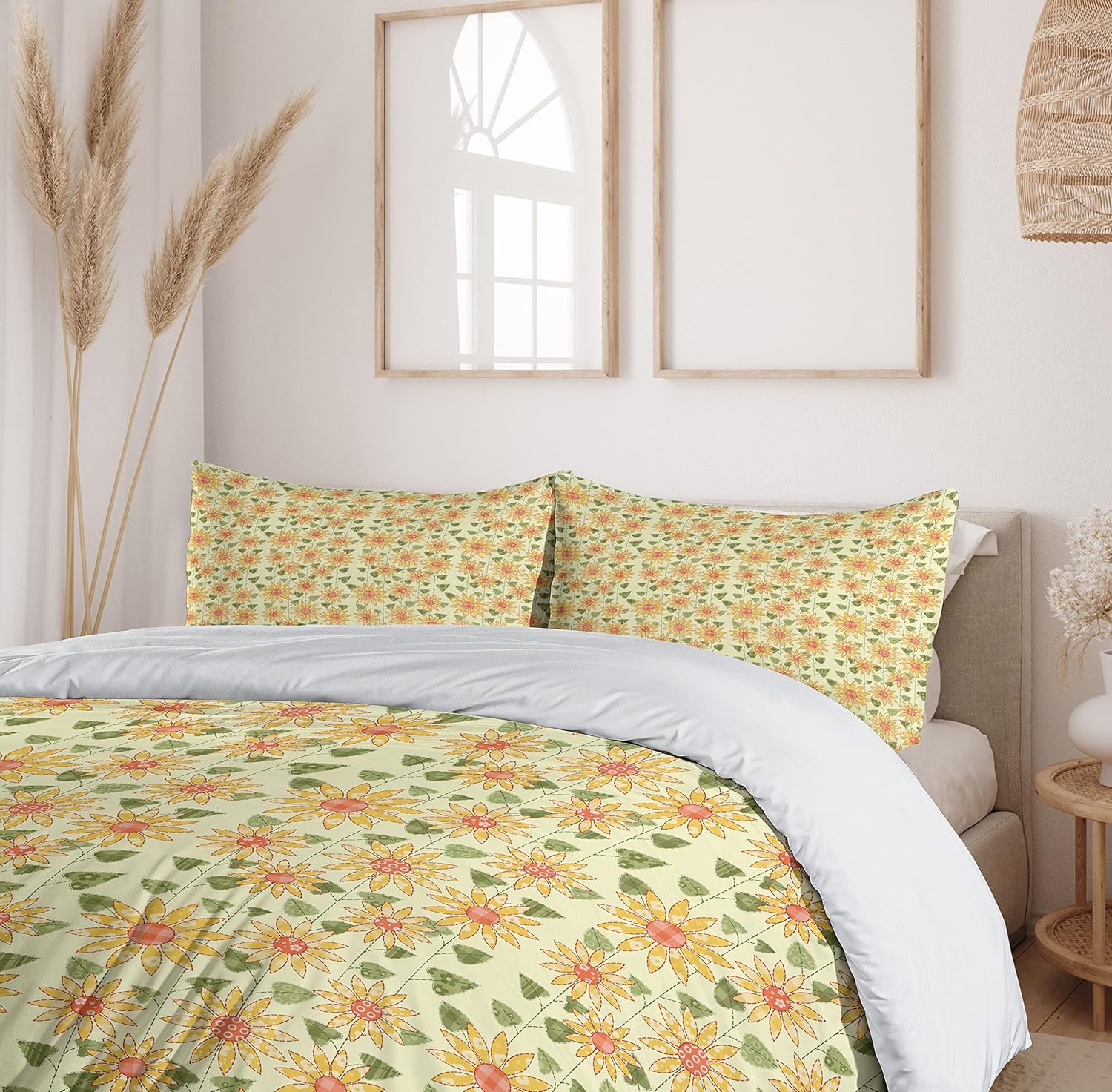 Ambesonne Sunflower Duvet Cover Set, Floral Nature Pattern in Patchwork Style Rustic Country Design, Decorative 2 Piece Bedding Set with 1 Pillow Sham, Twin Size, Olive Green Orange Twin Olive Green Orange