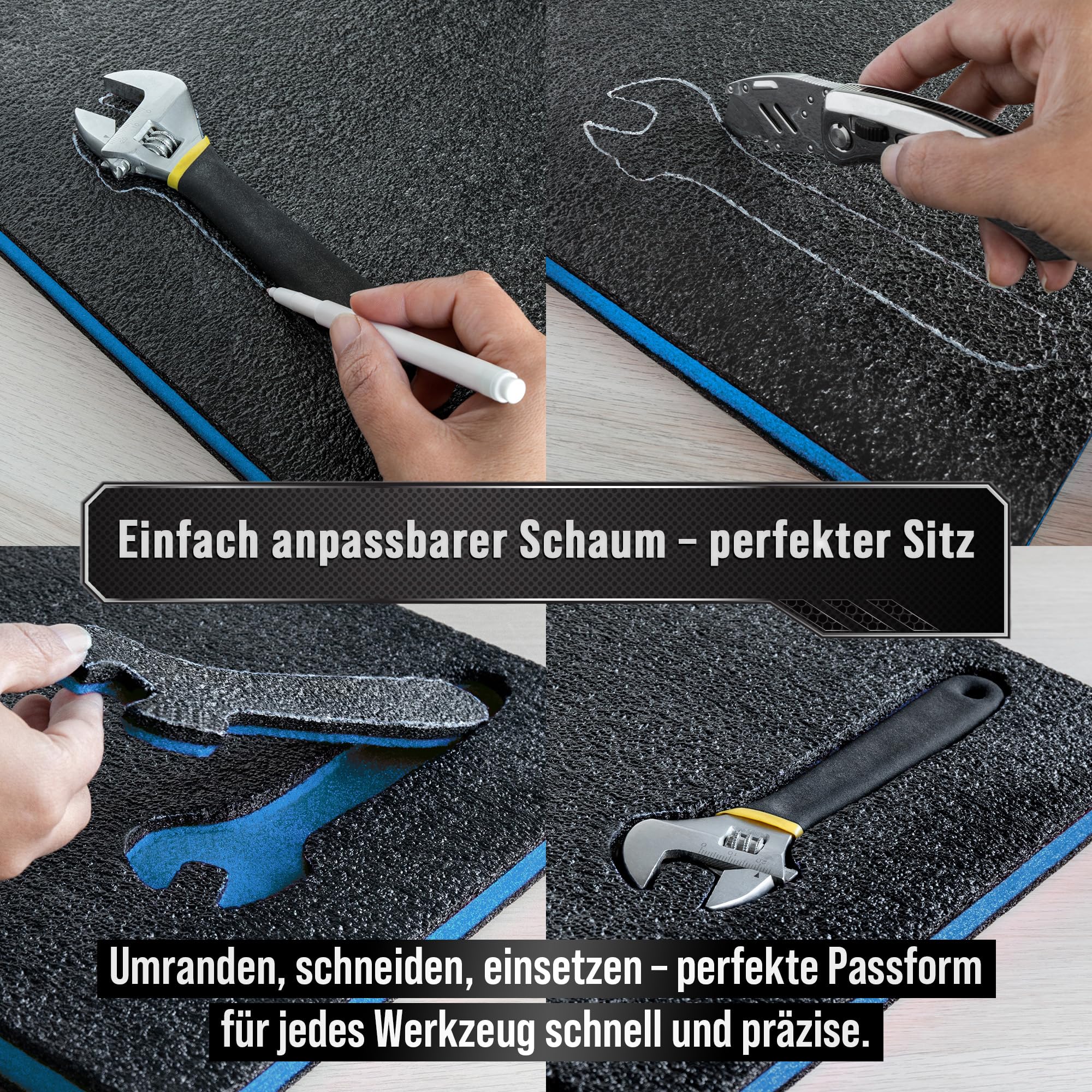 Precision Defined Werkzeugkisten-Schaumstoff - Einsätze für Koffer, Shadow-Schaumstoff, Werkzeug-Schaumstoffs, Polyethylenschaumstoffs - Schwarz/Blau (40,6 x 30,4 x 2,54 cm, 4er-Pack)