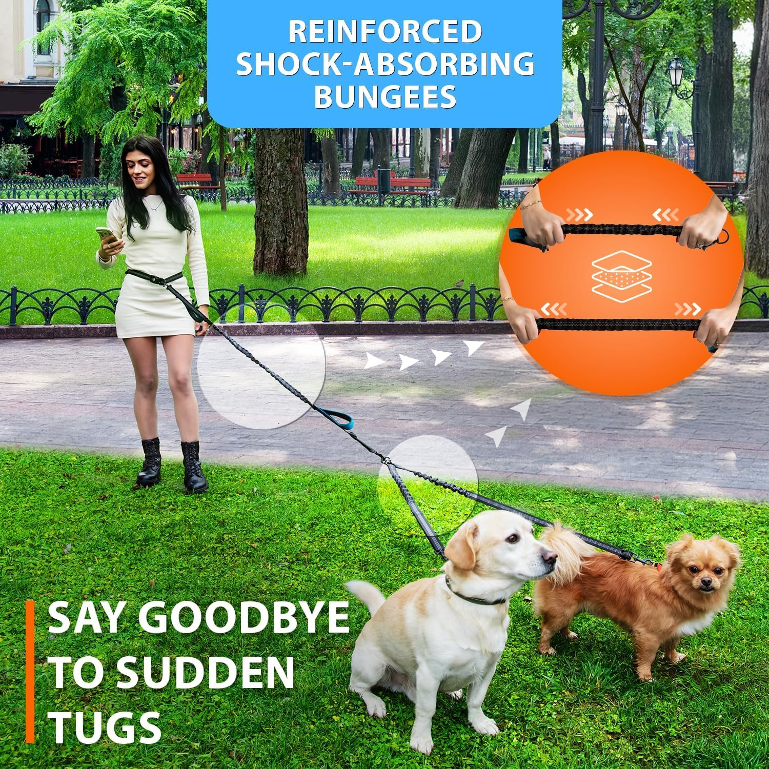 SparklyPets Correa doble para perros manos libres, correa doble para perros pequeños, correa para perro para 2 perros con asas acolchadas, costuras reflectantes, sin tirones, sin enredos
