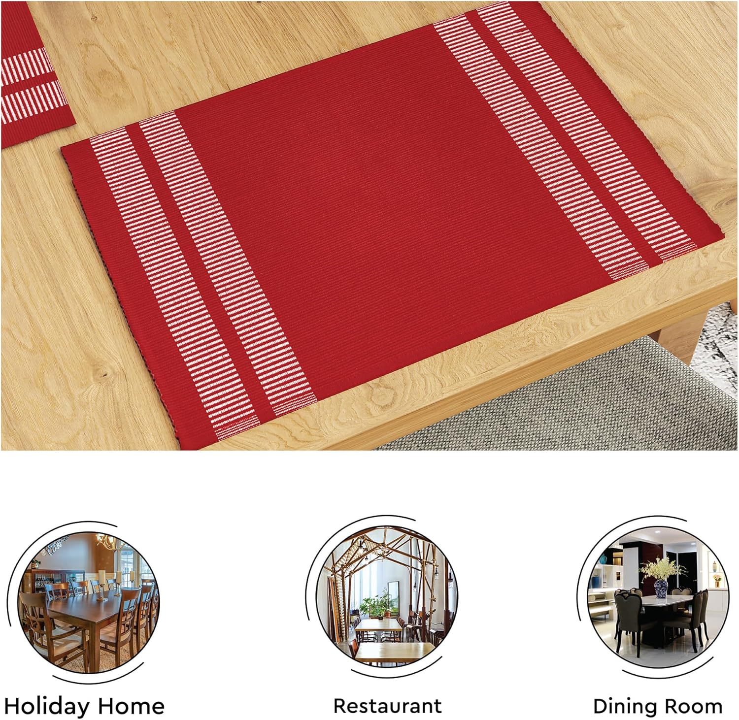 Encasa XO Table Runner and Placemats Set 6 | Fine Ribbed Cotton | Ladder Red | 1 Table Runner Size 13"x72" & Each Table Mat Size 19x13 Inch