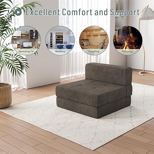 Miniatura 6 de ZeeFu Sofá cama plegable, futón de espuma viscoelástica, sofá cama convertible, moderno, tela de terciopelo marrón, cómodo sofá cama para sala de