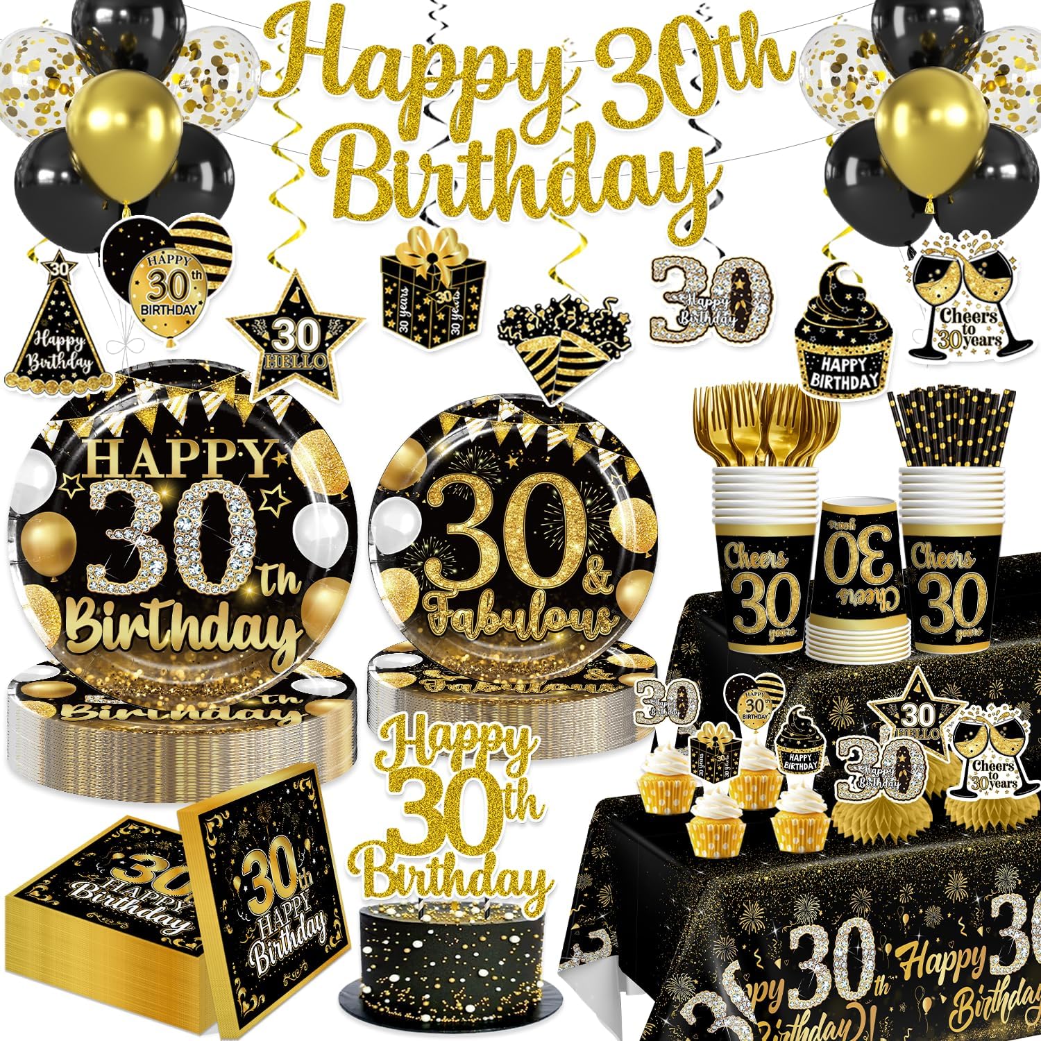 205pcs Rose Gold 30th Birthday Decorations for Her Complete Party Set, for 25 Guests, 30th Birthday Decorations, includes Banner Hanging Swirl Balloon Cake Decor Tableware Tablecloths