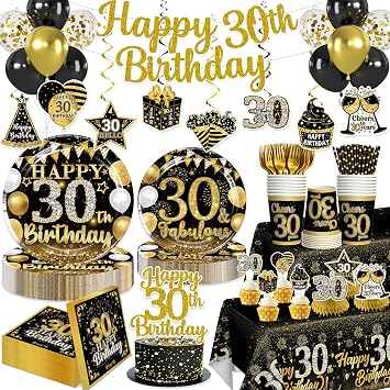205pcs Black Gold 30th Birthday Decorations for Him, for 25 Guests