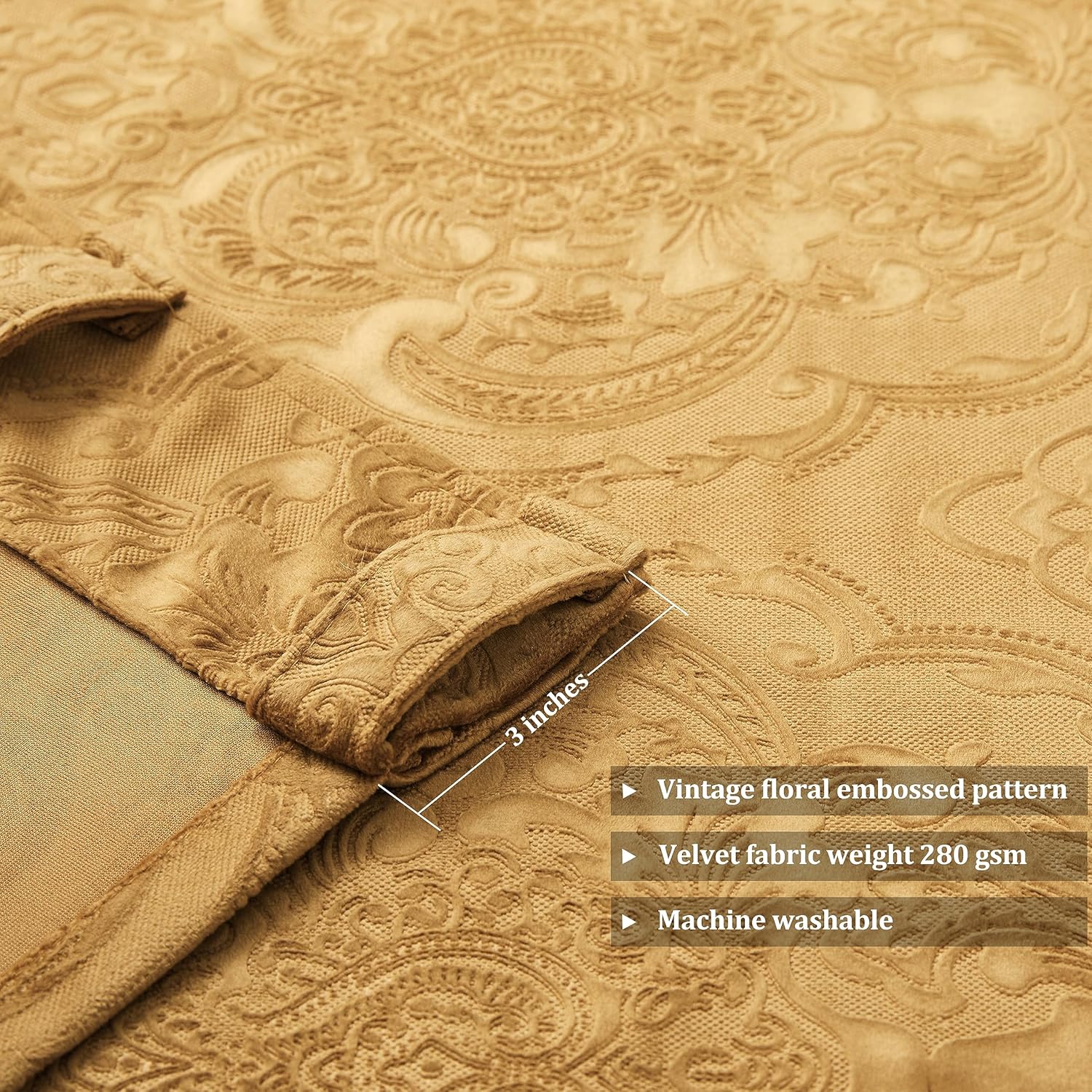 GIGIZAZA Brown Gold Velvet Curtains 84 Inch for Living Room,2 Panels Luxury Vintage Drapes Floral Embossed Blackout Window Curtain Back Tab Thermal for Bedroom