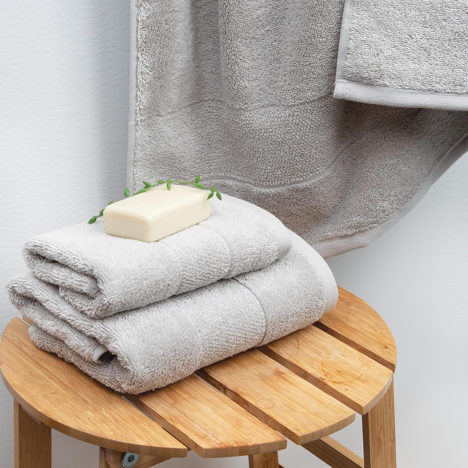 Light Grey Turkish Cotton Bath Towels Set with Linen Dobby