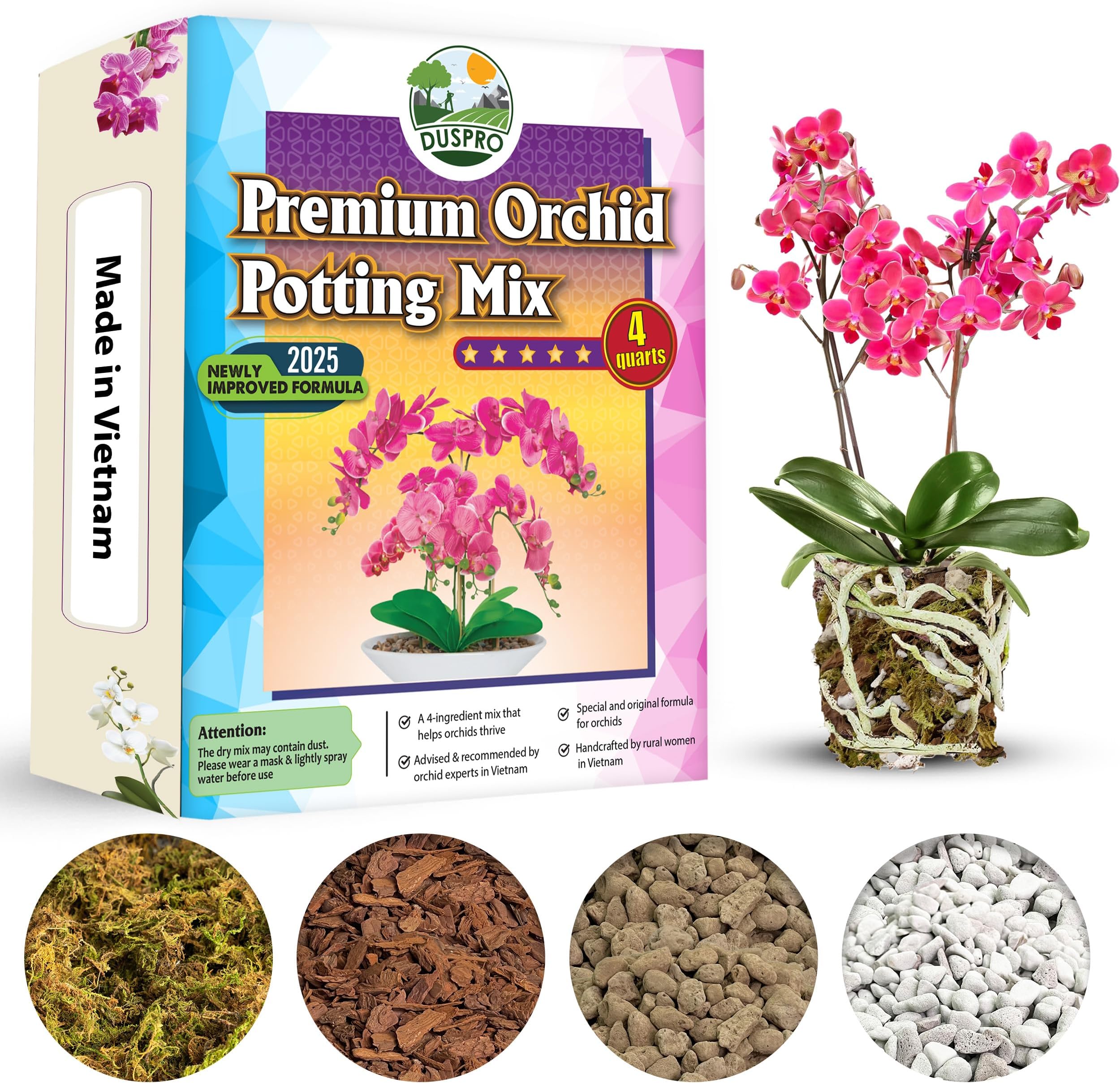 [Upgraded] Duspro Orchid Potting Mix For Repotting With Forest Moss, Pine Bark, Perlite & Pumice, Bark Mix,Orchid Soil, Drainage Indoor Potting, Pot Not Included, 4 Qt